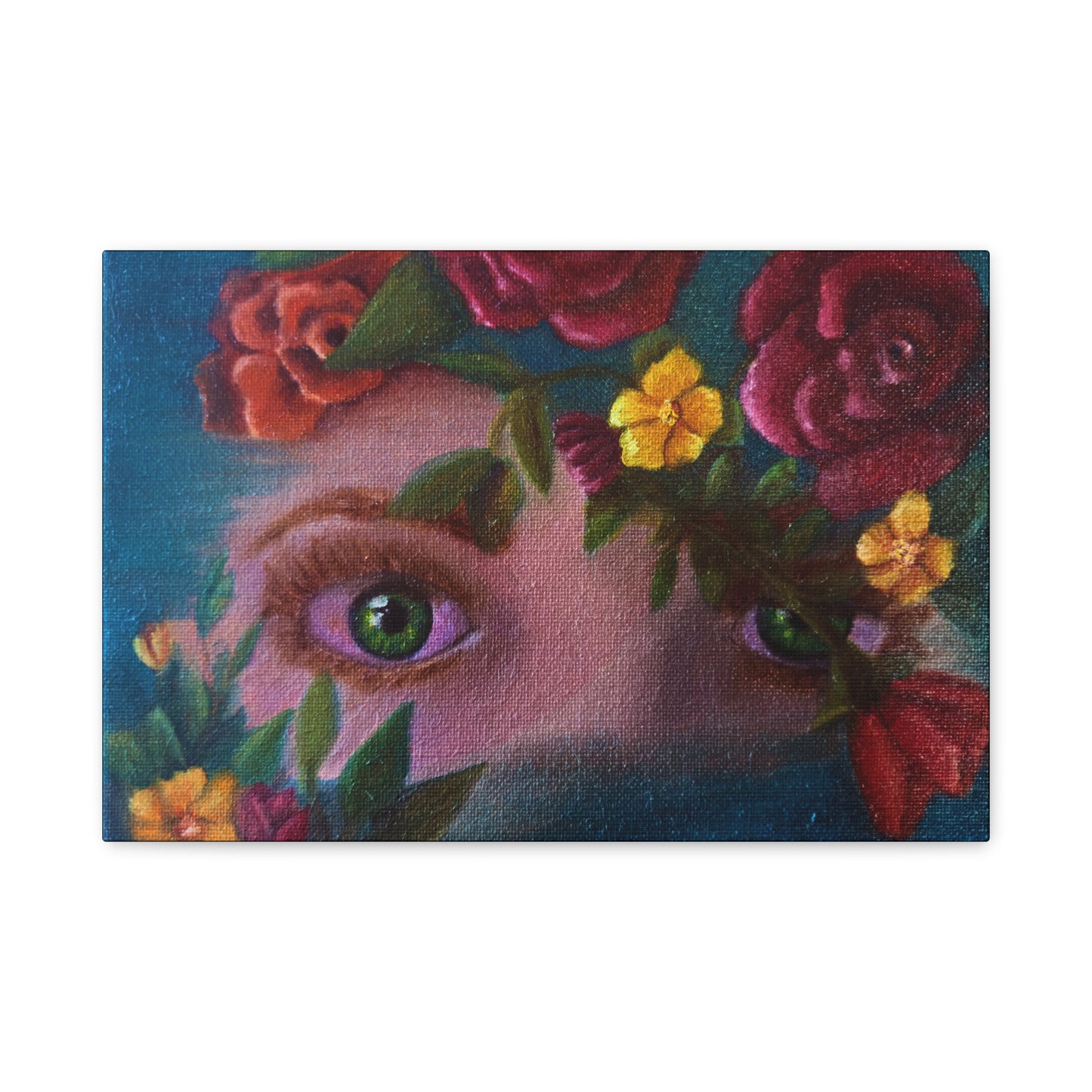 Floral Gaze Matte Stretched Canvas Art — Surreal Eyes with Rose Wreath