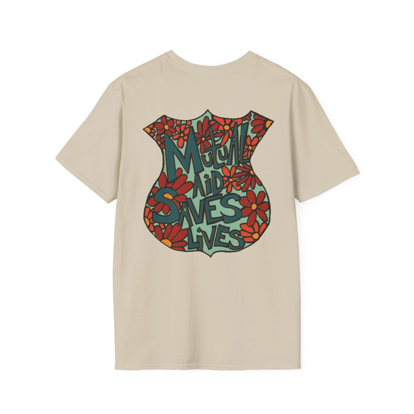 Vintage Floral Shield T‑Shirt — 'Mutual Aid Saves Lives' Pocket Graphic