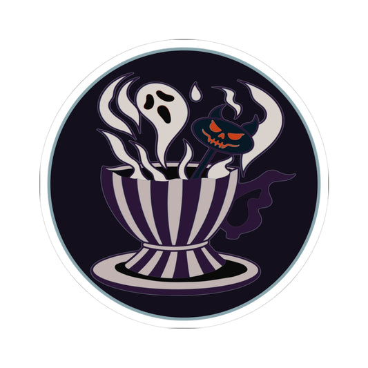 The Demon's Tea Room | Halloween Haunted Teacup Sticker | Spooky Ghost & Jack-O'-Lantern Kiss-Cut Decal