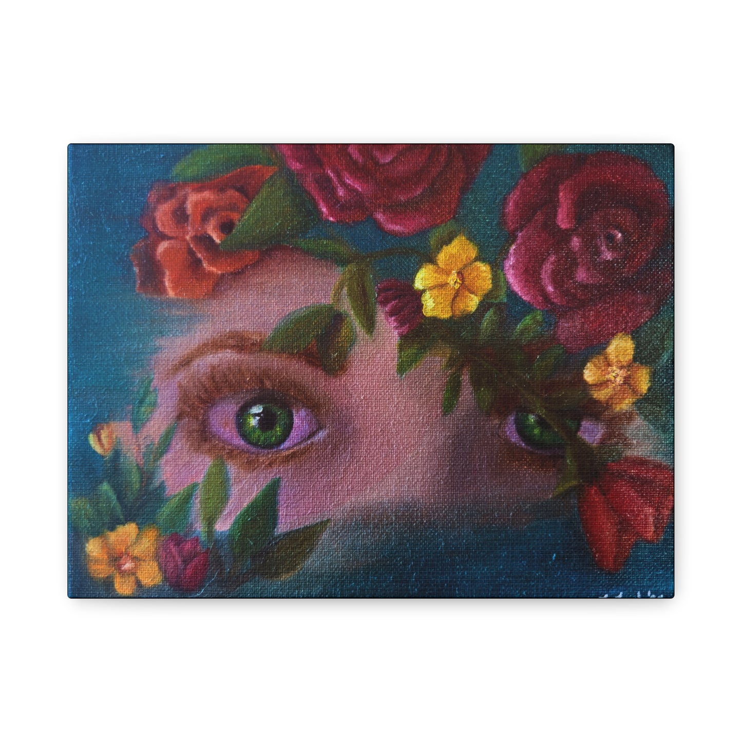 Floral Gaze Matte Stretched Canvas Art — Surreal Eyes with Rose Wreath