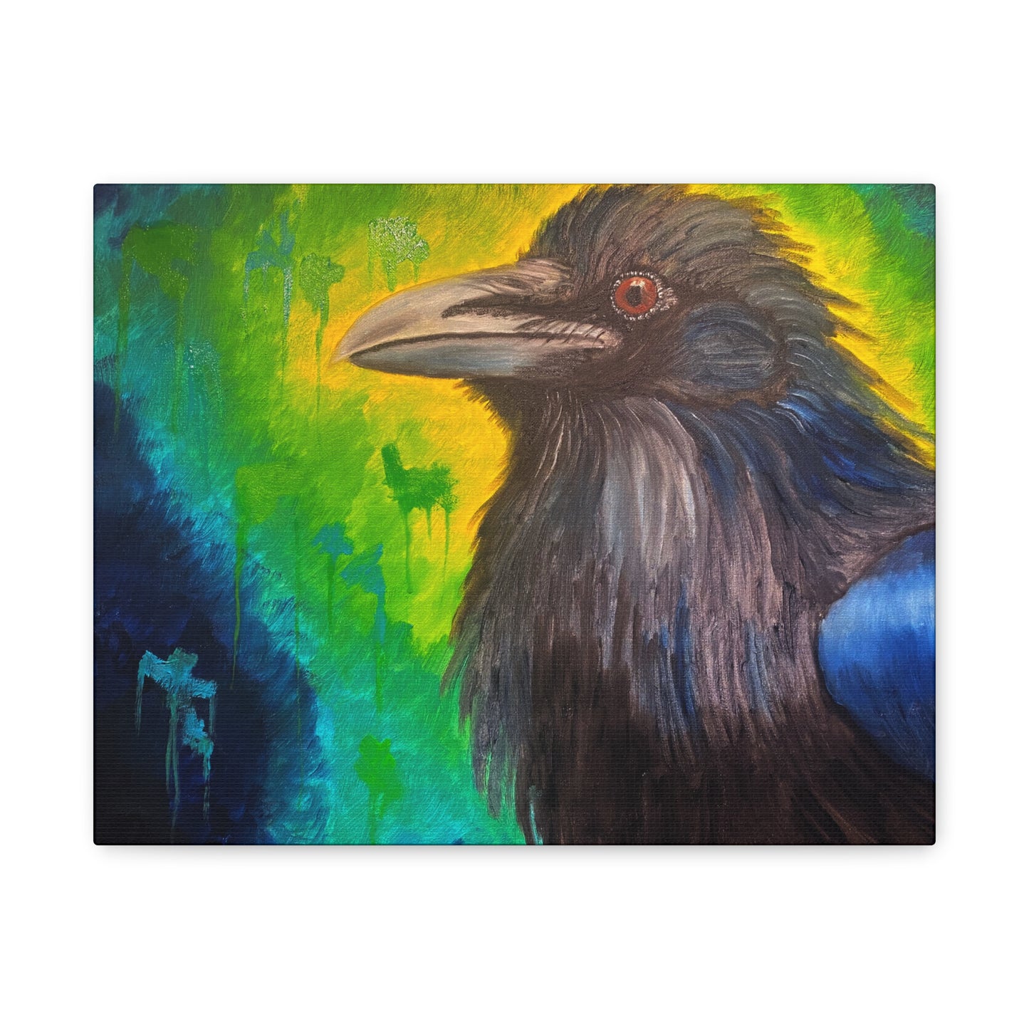Raven Portrait Matte Canvas Art | Vibrant Green & Blue Stretched Wall Decor