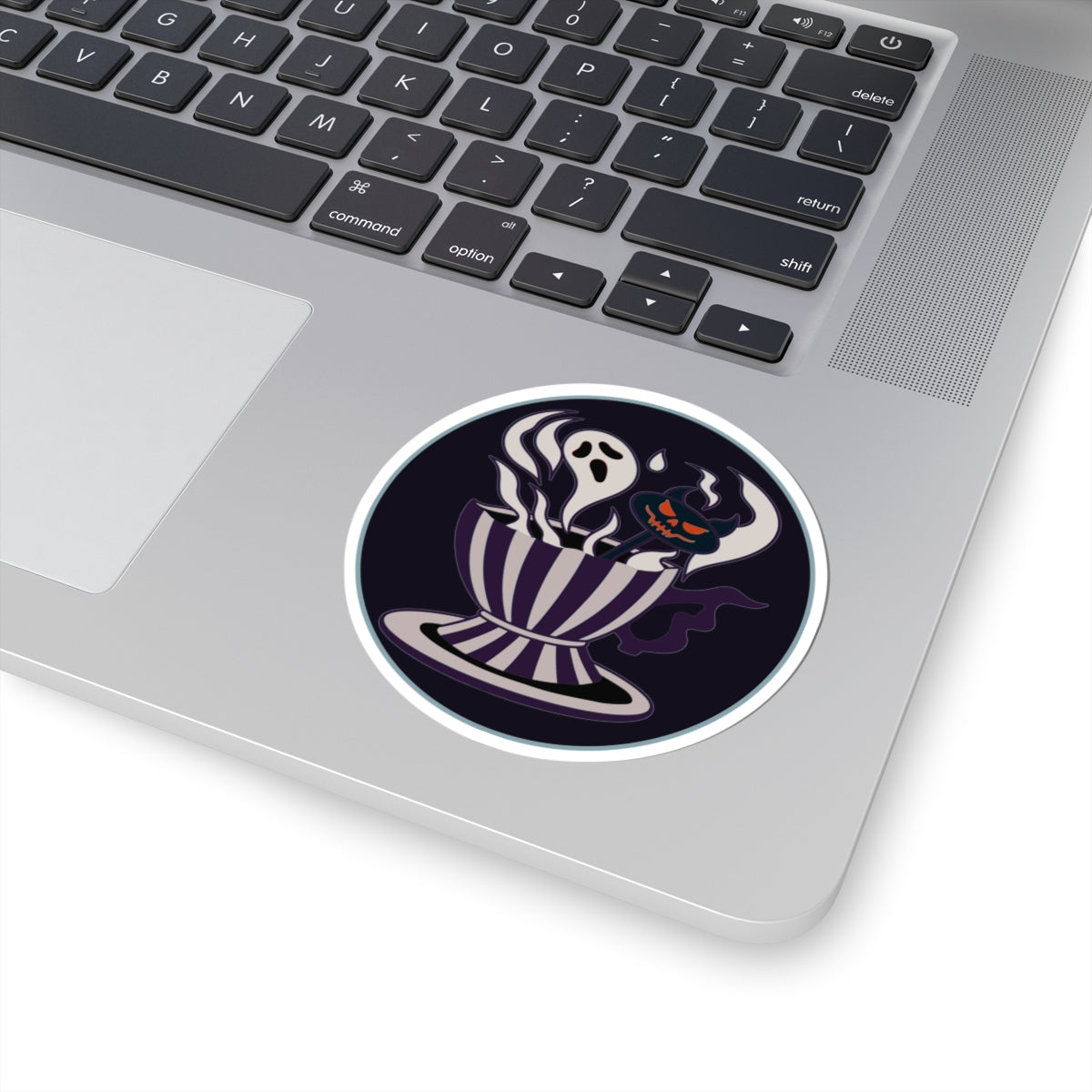 The Demon's Tea Room | Halloween Haunted Teacup Sticker | Spooky Ghost & Jack-O'-Lantern Kiss-Cut Decal