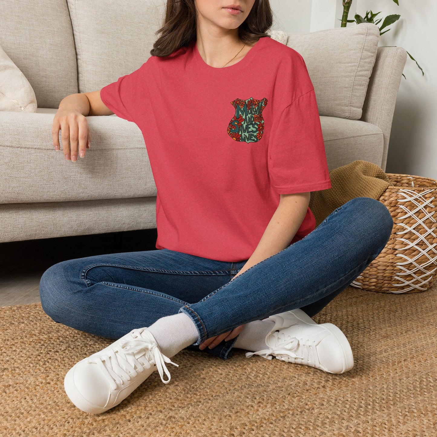 Vintage Floral Shield T‑Shirt — 'Mutual Aid Saves Lives' Pocket Graphic