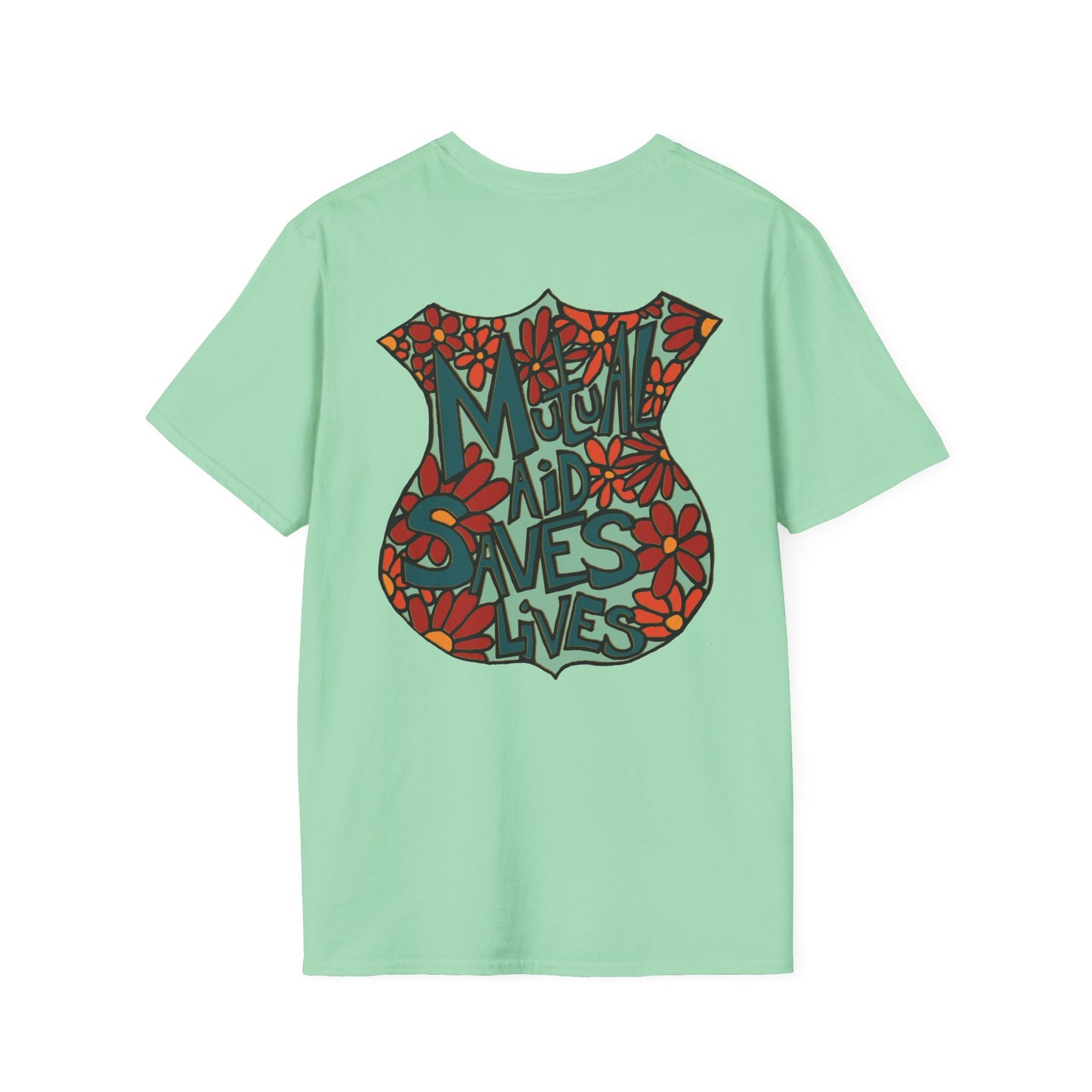 Vintage Floral Shield T‑Shirt — 'Mutual Aid Saves Lives' Pocket Graphic