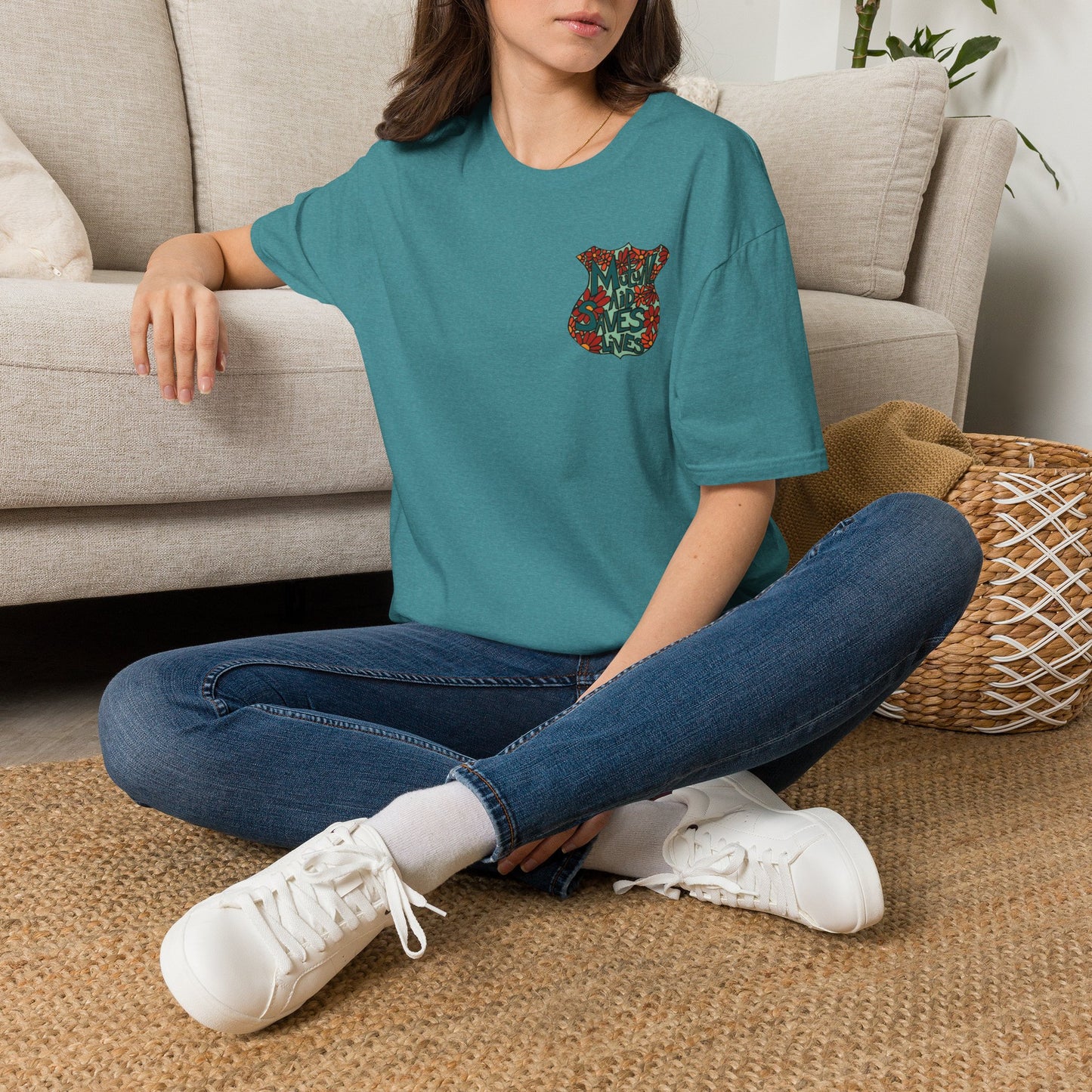 Vintage Floral Shield T‑Shirt — 'Mutual Aid Saves Lives' Pocket Graphic