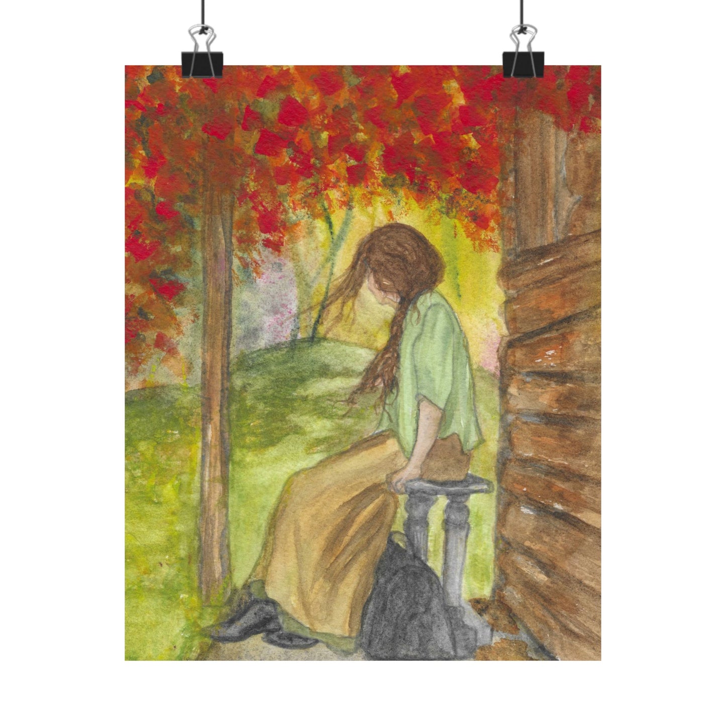 Autumn Porch Daydream Matte Poster — Girl with Red Leaves Art Print
