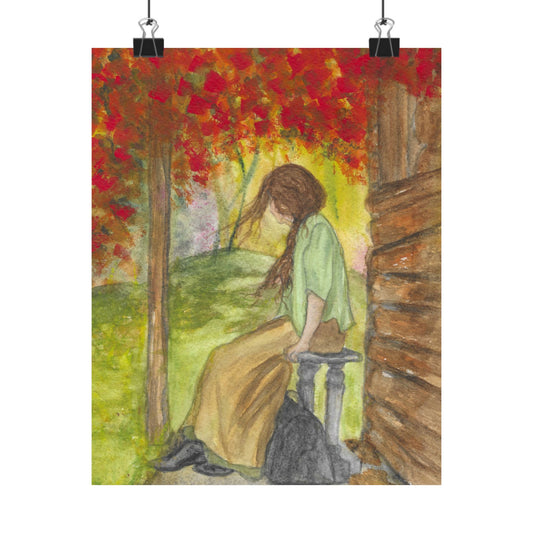 Autumn Porch Daydream Matte Poster — Girl with Red Leaves Art Print