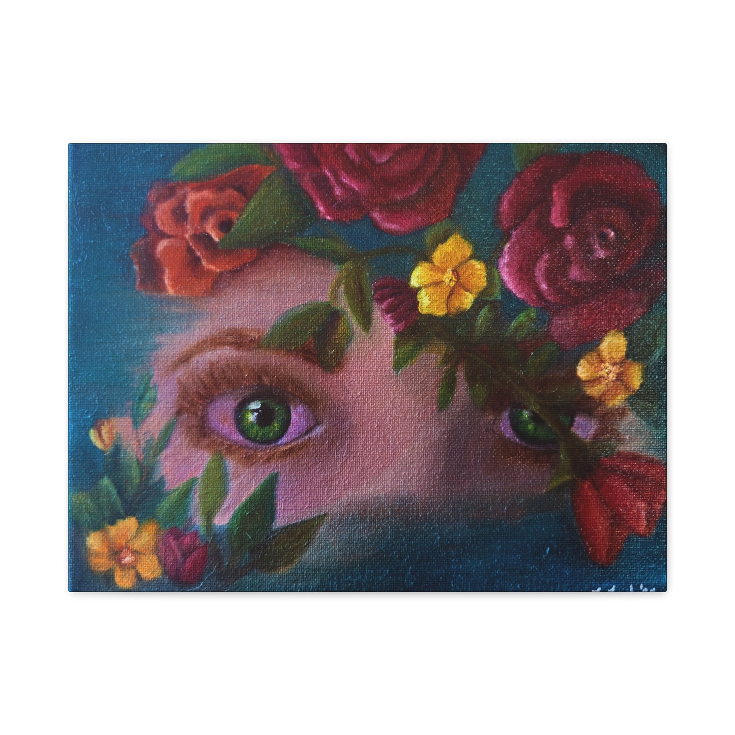 Floral Gaze Matte Stretched Canvas Art — Surreal Eyes with Rose Wreath