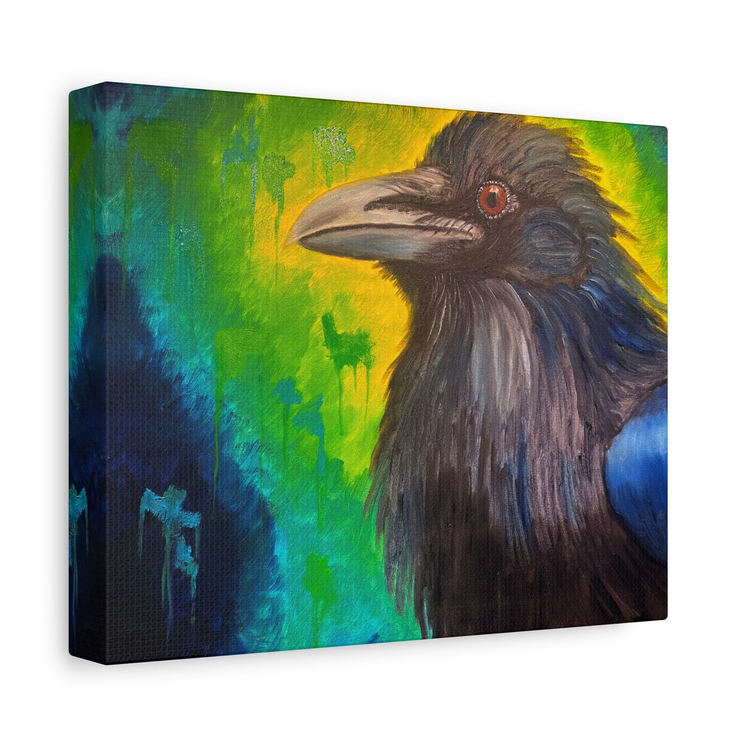 Raven Portrait Matte Canvas Art | Vibrant Green & Blue Stretched Wall Decor
