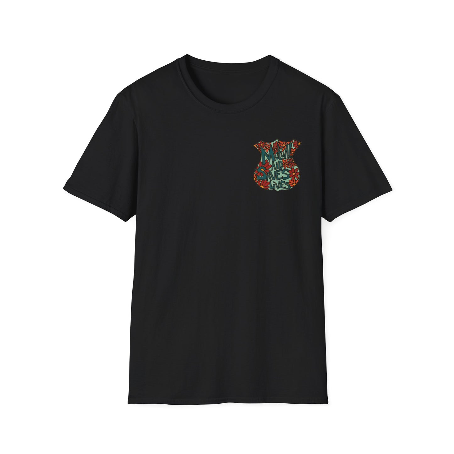Vintage Floral Shield T‑Shirt — 'Mutual Aid Saves Lives' Pocket Graphic