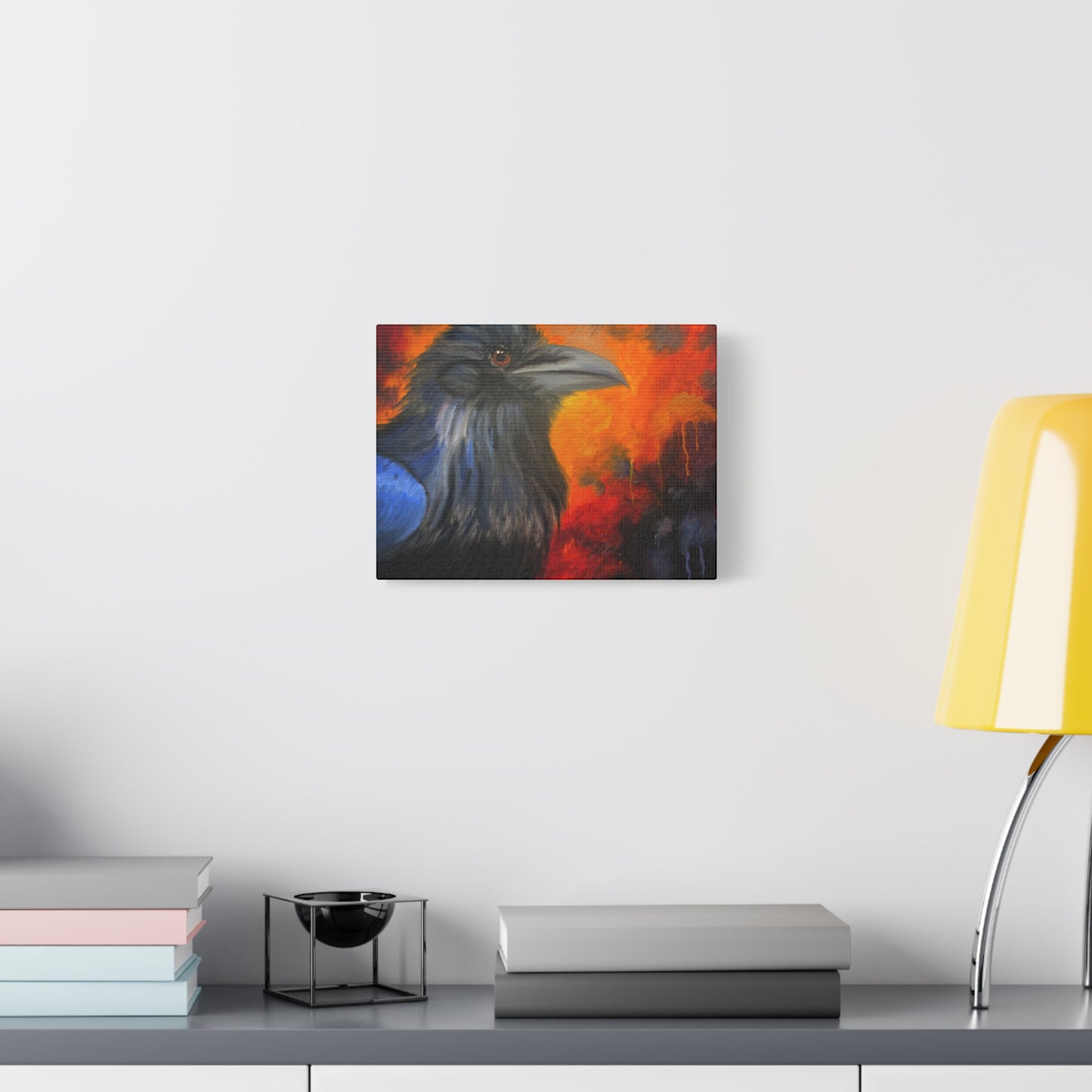Raven Portrait Canvas Wall Art | Dramatic Blue & Ember Bird Painting