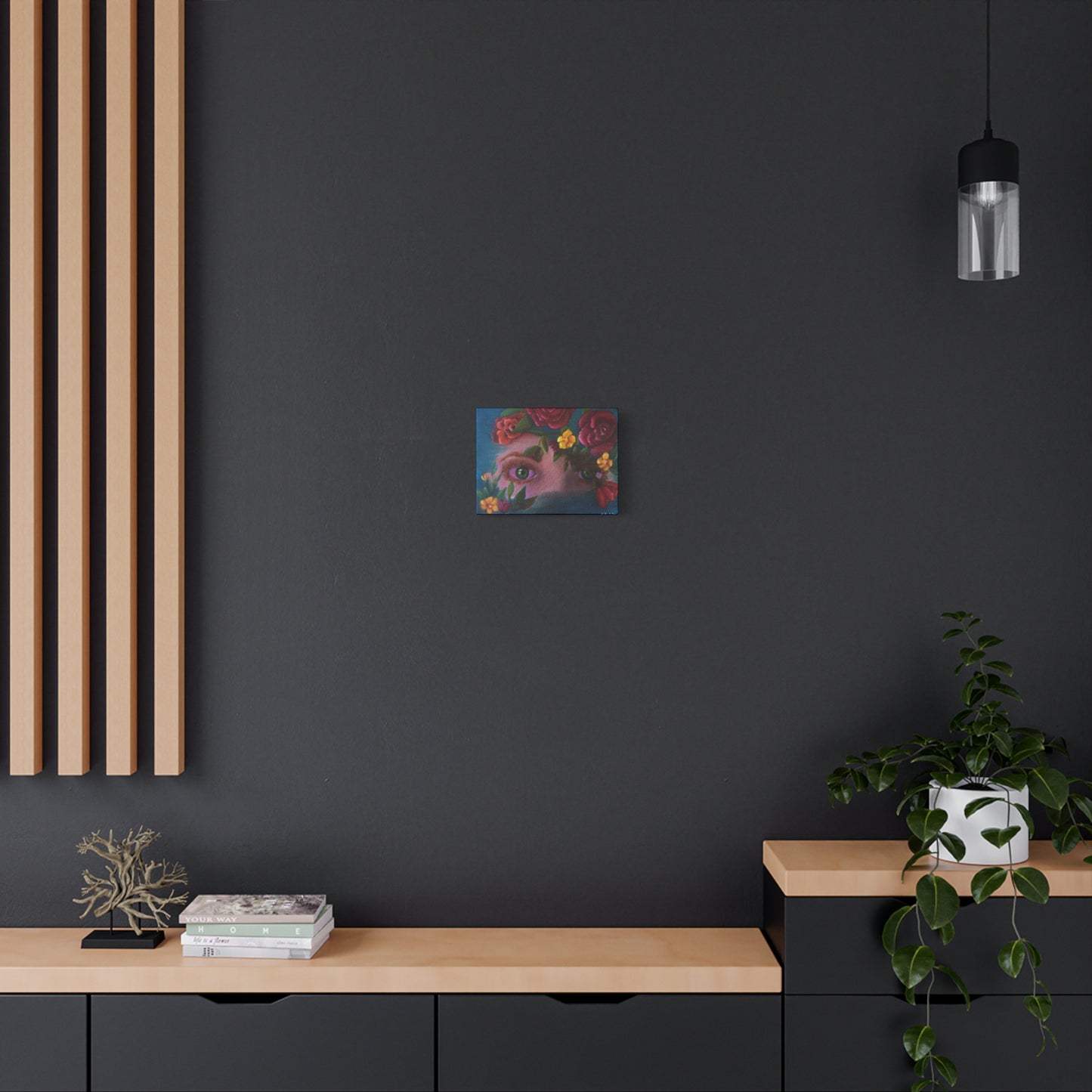 Floral Gaze Matte Stretched Canvas Art — Surreal Eyes with Rose Wreath