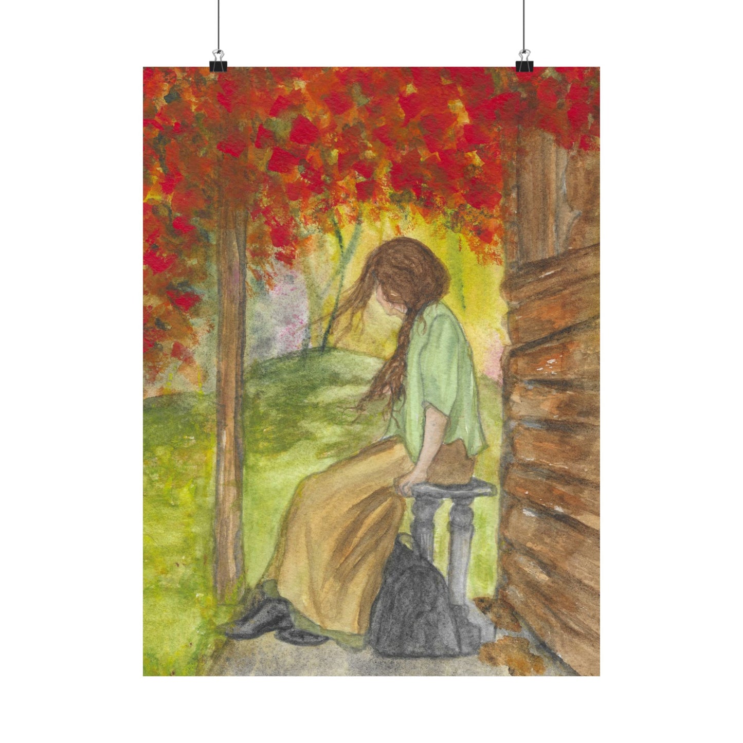 Autumn Porch Daydream Matte Poster — Girl with Red Leaves Art Print