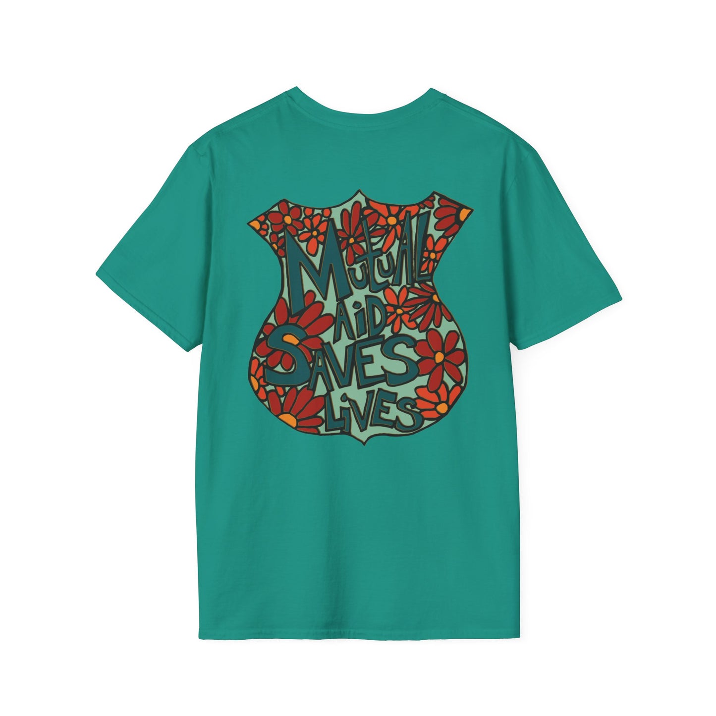 Vintage Floral Shield T‑Shirt — 'Mutual Aid Saves Lives' Pocket Graphic