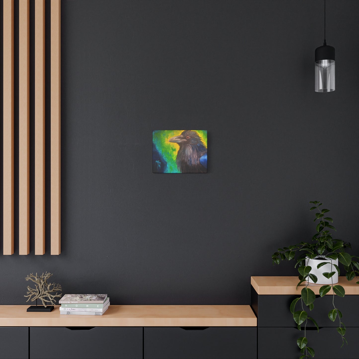 Raven Portrait Matte Canvas Art | Vibrant Green & Blue Stretched Wall Decor