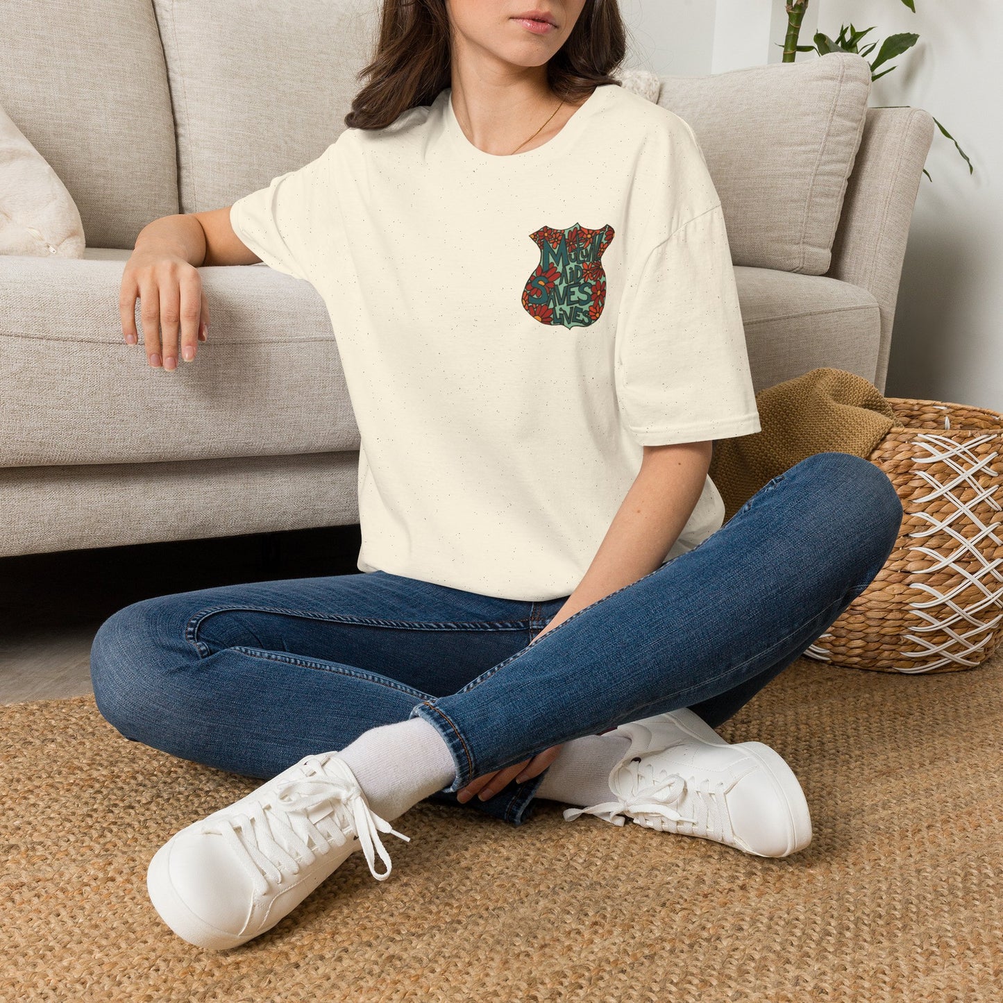 Vintage Floral Shield T‑Shirt — 'Mutual Aid Saves Lives' Pocket Graphic