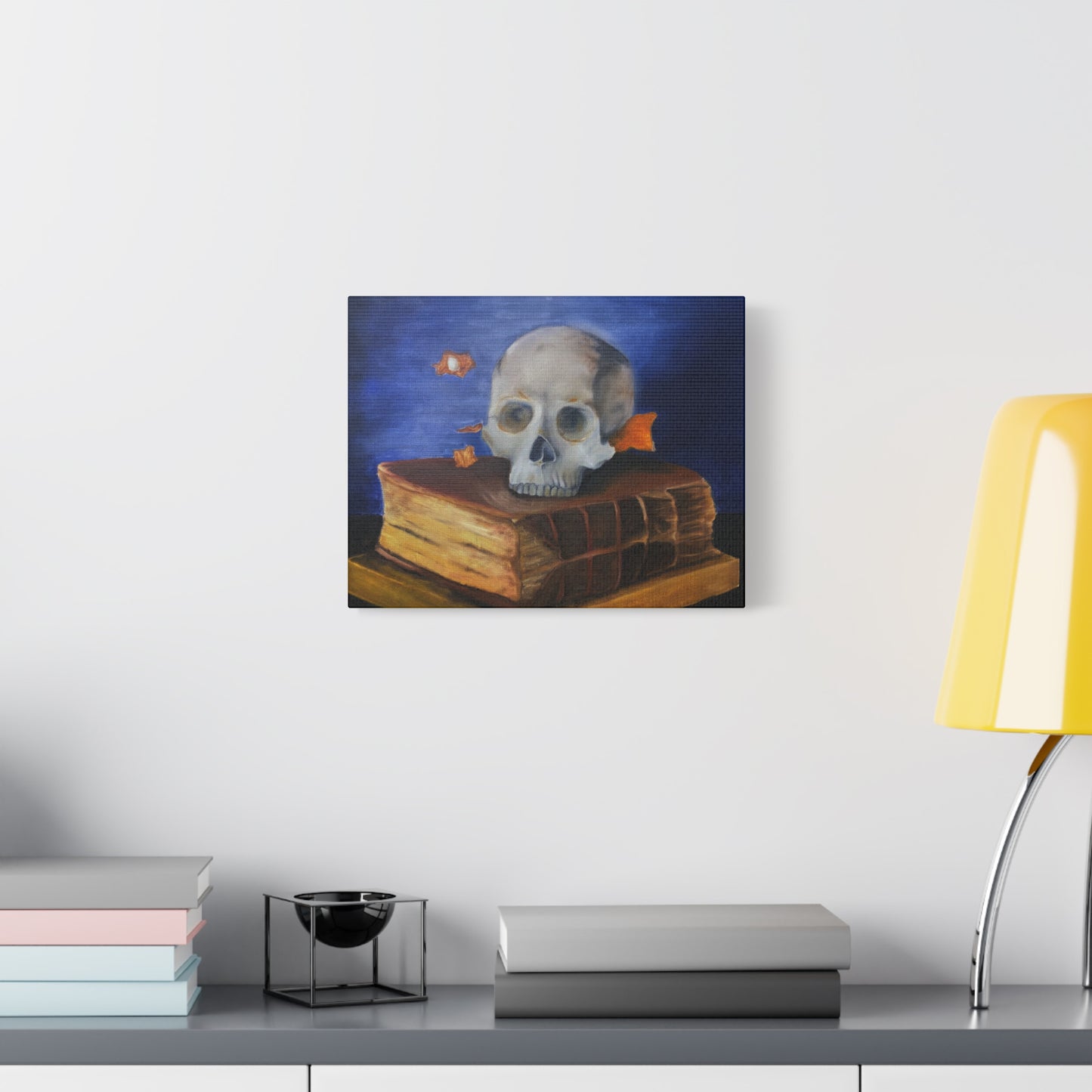 Skull & Old Book Canvas Art — Vanitas Still Life Wall Decor