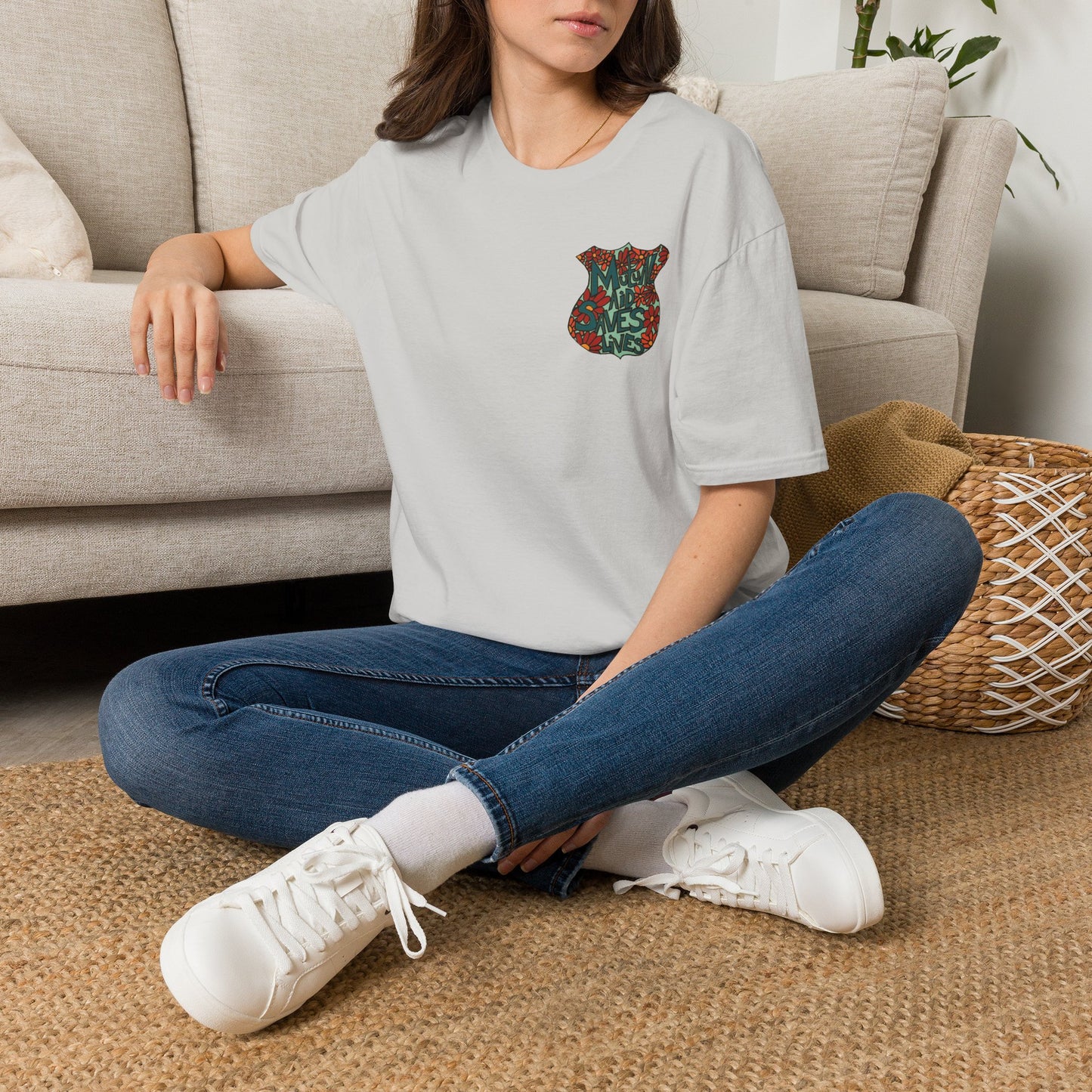 Vintage Floral Shield T‑Shirt — 'Mutual Aid Saves Lives' Pocket Graphic