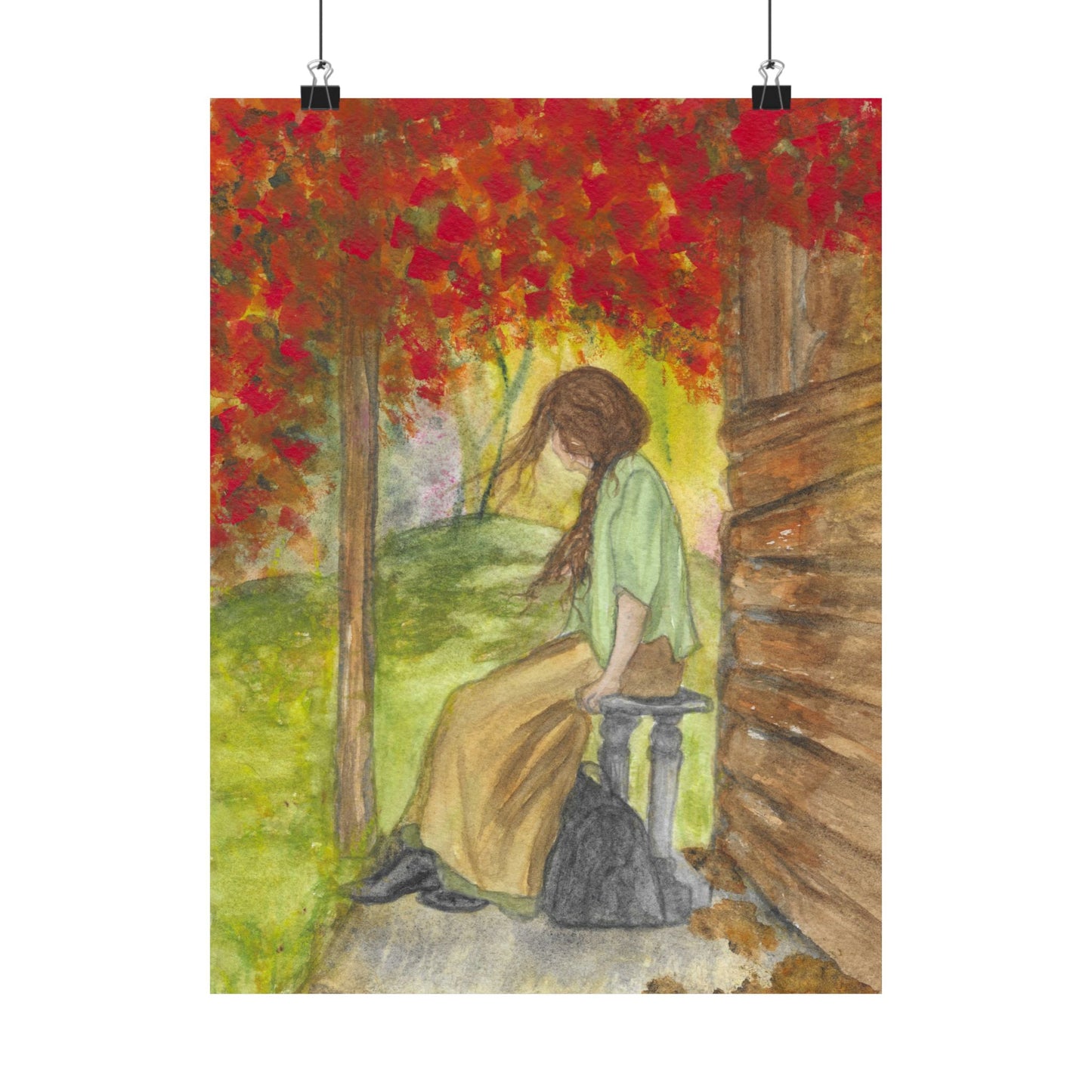 Autumn Porch Daydream Matte Poster — Girl with Red Leaves Art Print