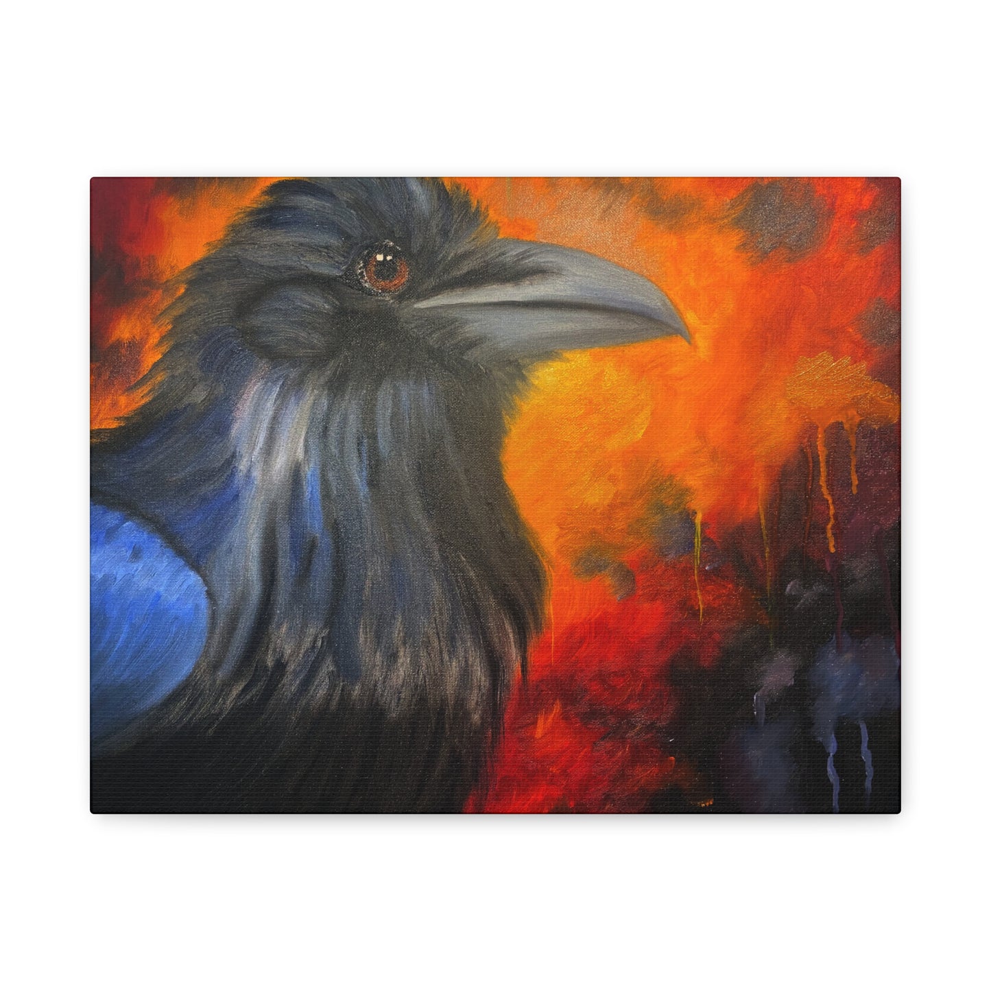 Raven Portrait Canvas Wall Art | Dramatic Blue & Ember Bird Painting