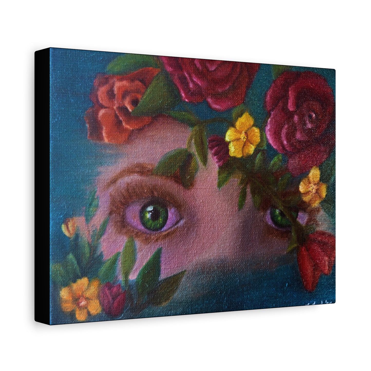 Floral Gaze Matte Stretched Canvas Art — Surreal Eyes with Rose Wreath