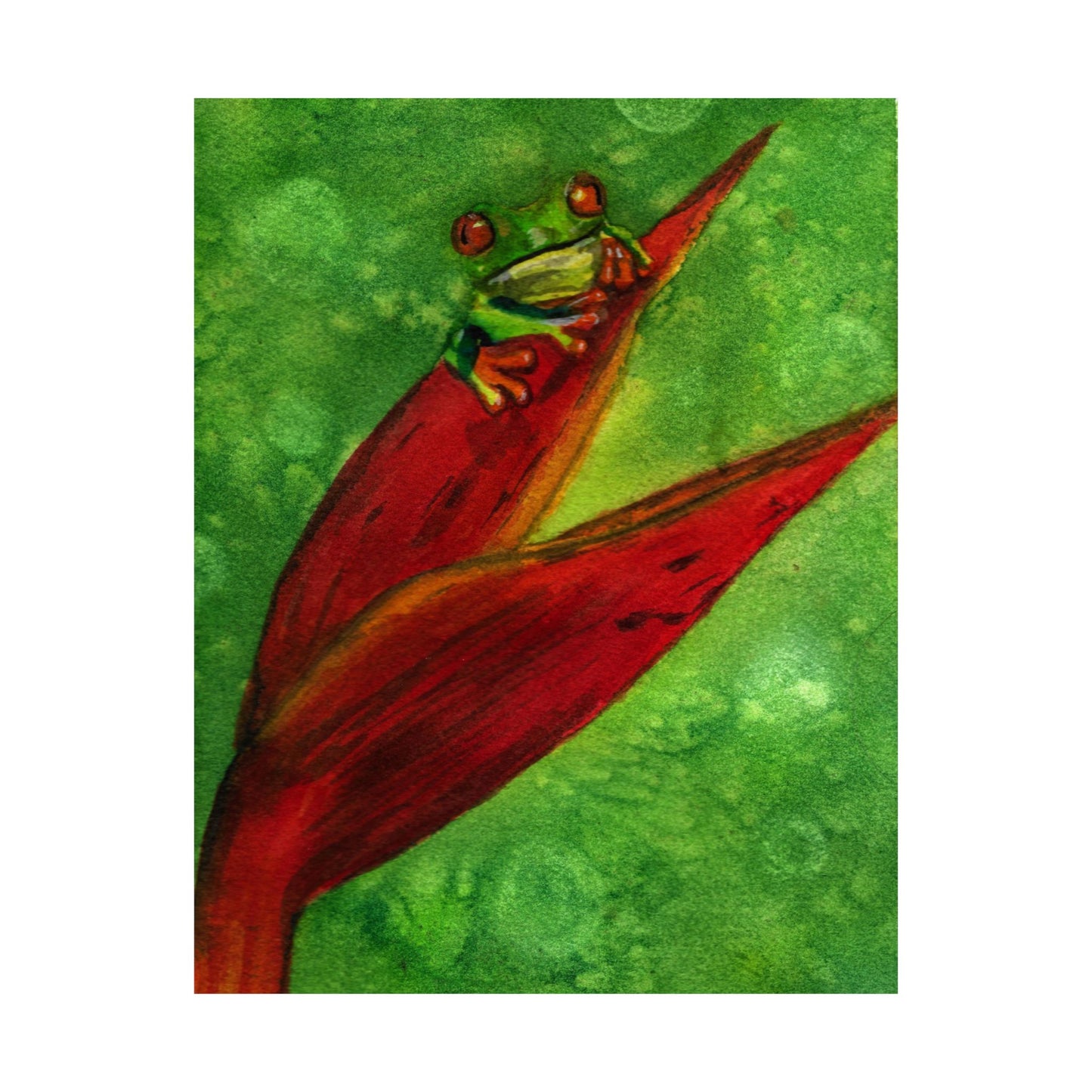 Tropical Tree Frog Art Poster | Green Watercolor Frog on Red Heliconia (Matte Vertical)