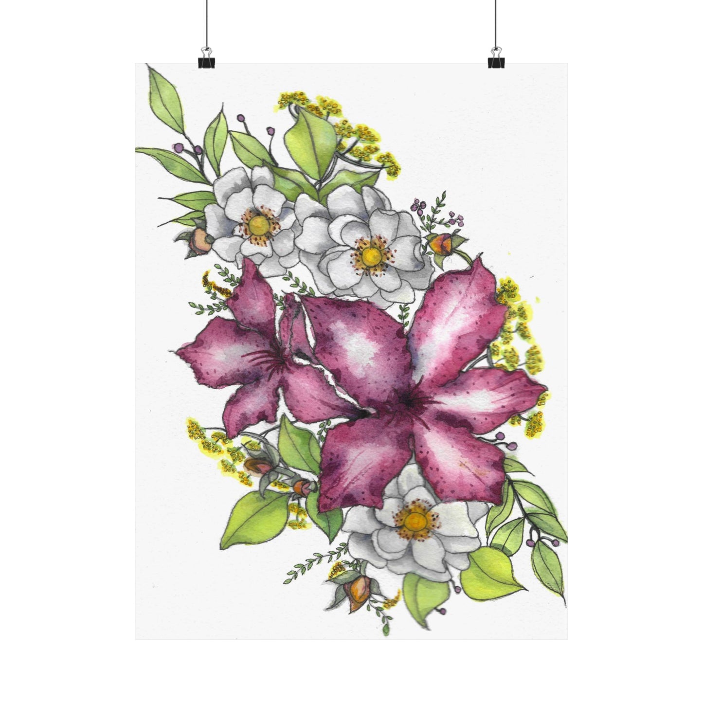 Floral Watercolor Poster | Pink Lily & White Blossoms Matte Vertical Print