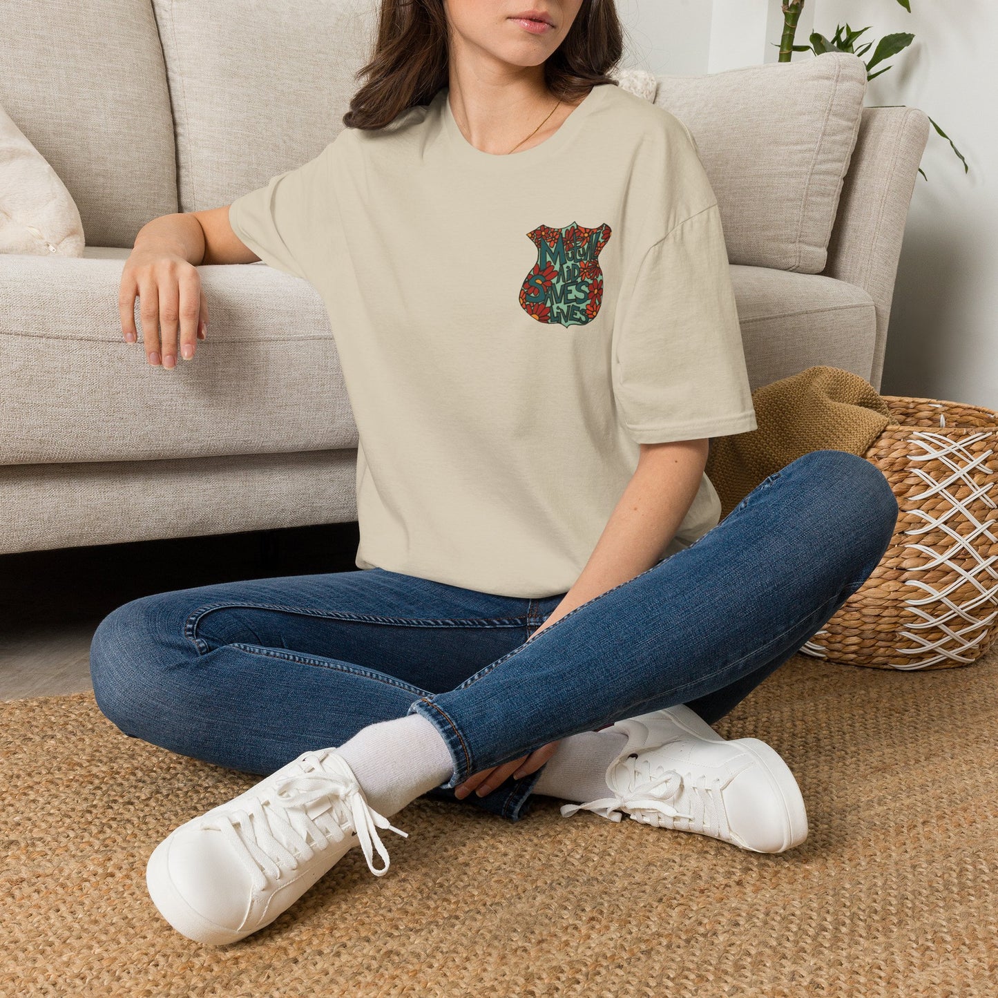 Vintage Floral Shield T‑Shirt — 'Mutual Aid Saves Lives' Pocket Graphic