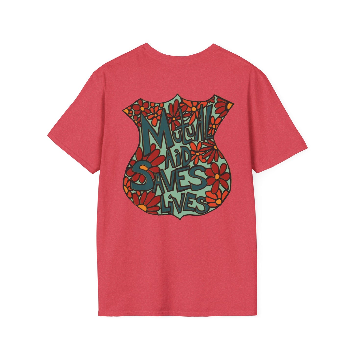Vintage Floral Shield T‑Shirt — 'Mutual Aid Saves Lives' Pocket Graphic