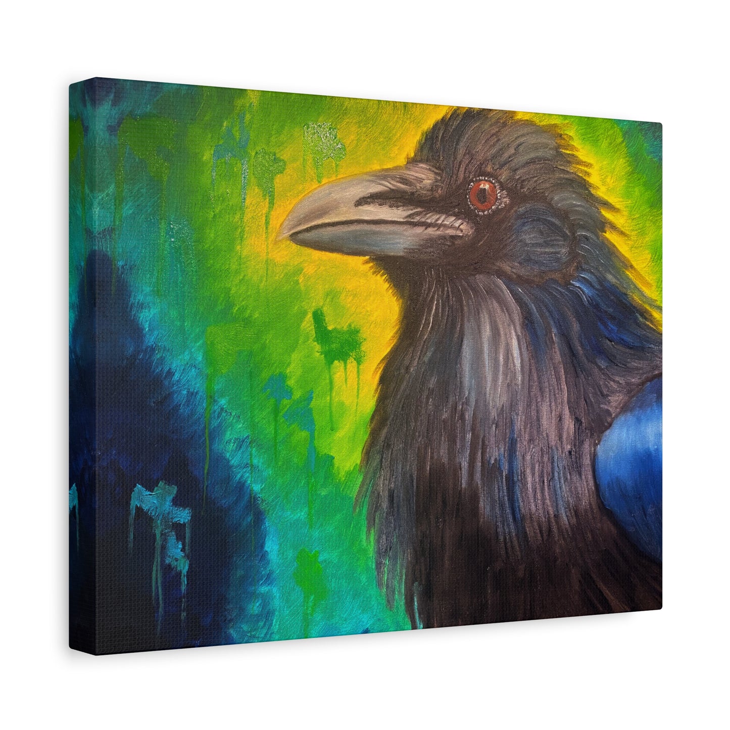 Raven Portrait Matte Canvas Art | Vibrant Green & Blue Stretched Wall Decor