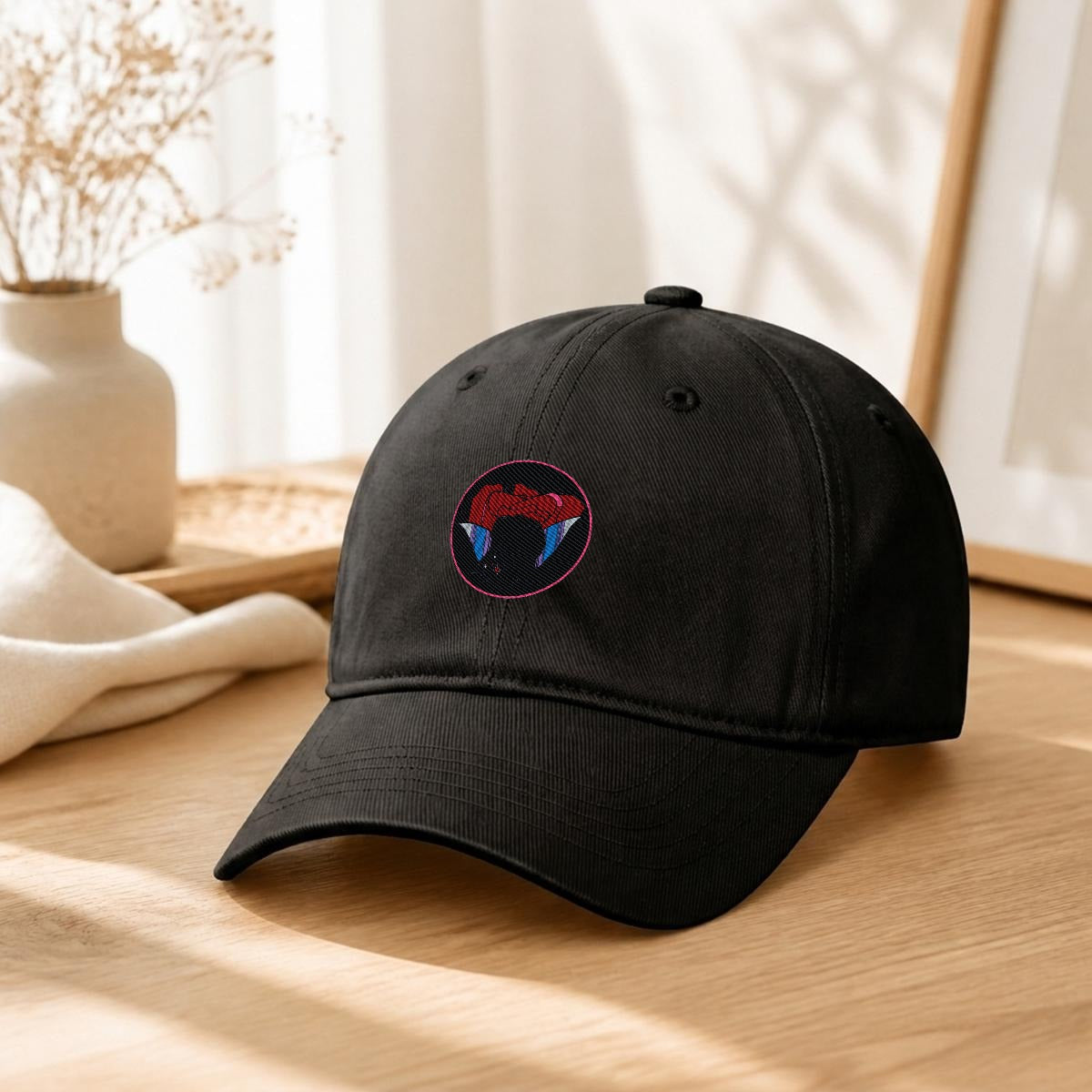 Hissing Cat and Red Rose Embroidery Soft-Crown Flat Cap