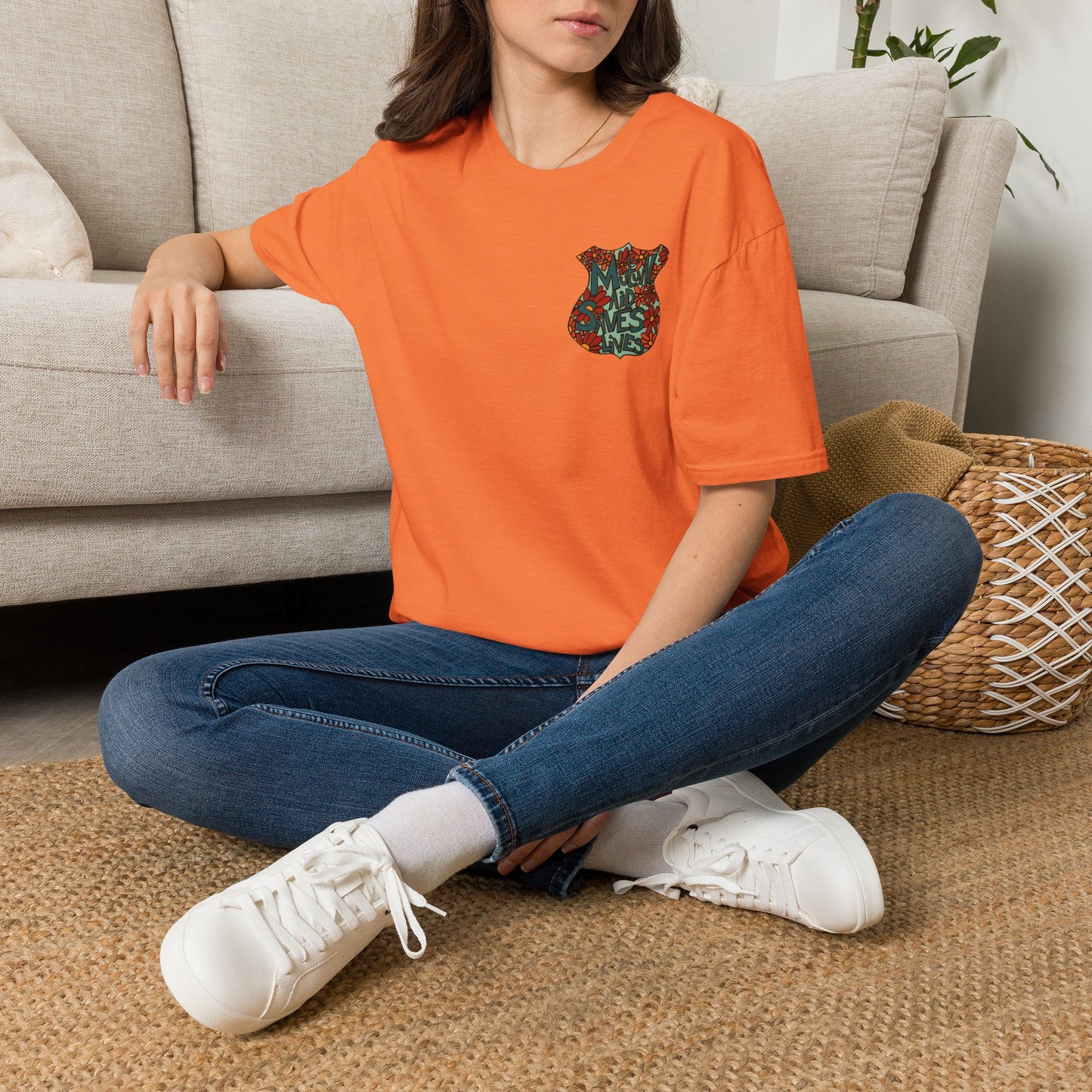 Vintage Floral Shield T‑Shirt — 'Mutual Aid Saves Lives' Pocket Graphic