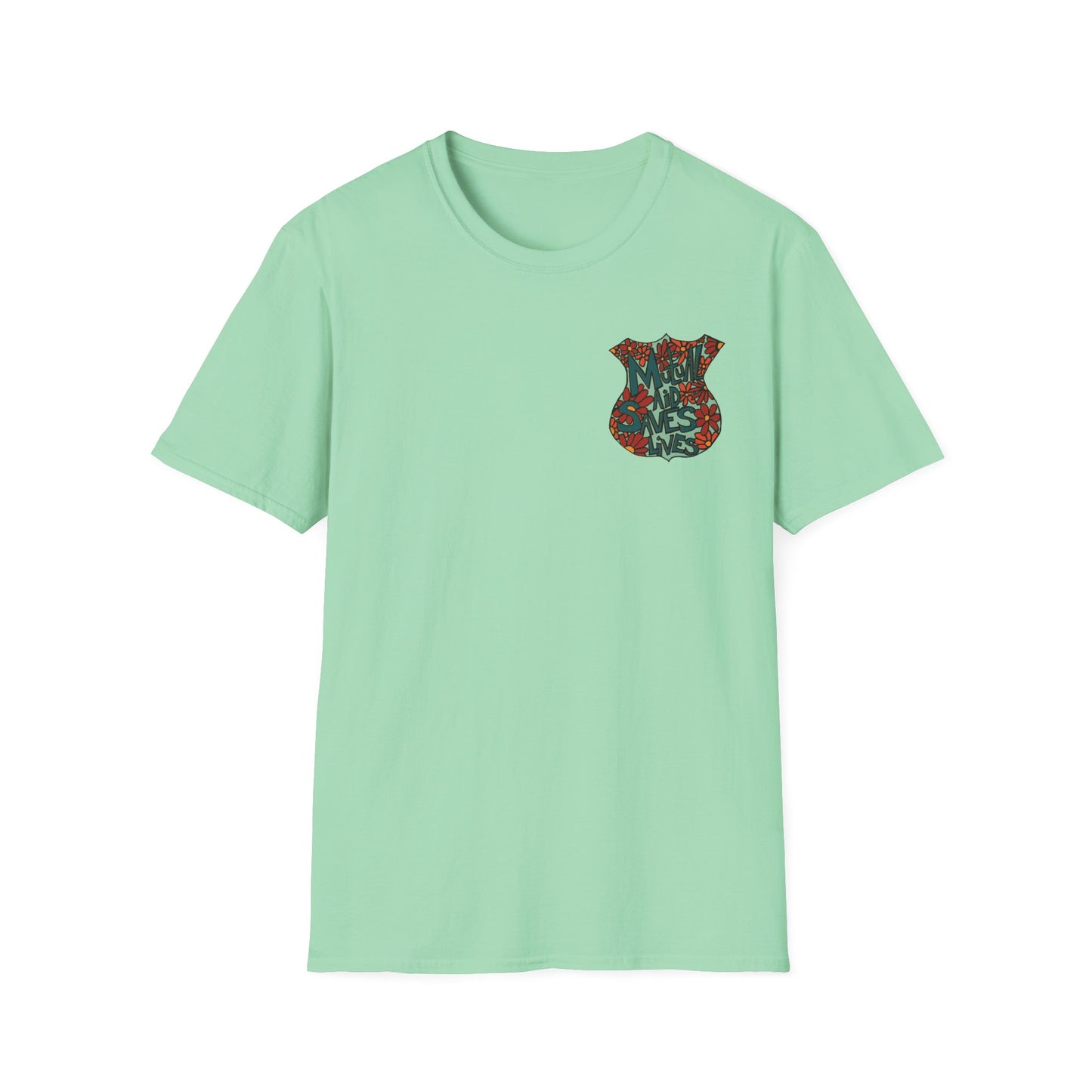 Vintage Floral Shield T‑Shirt — 'Mutual Aid Saves Lives' Pocket Graphic
