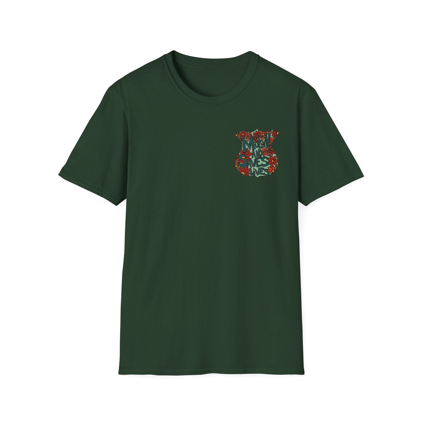 Vintage Floral Shield T‑Shirt — 'Mutual Aid Saves Lives' Pocket Graphic