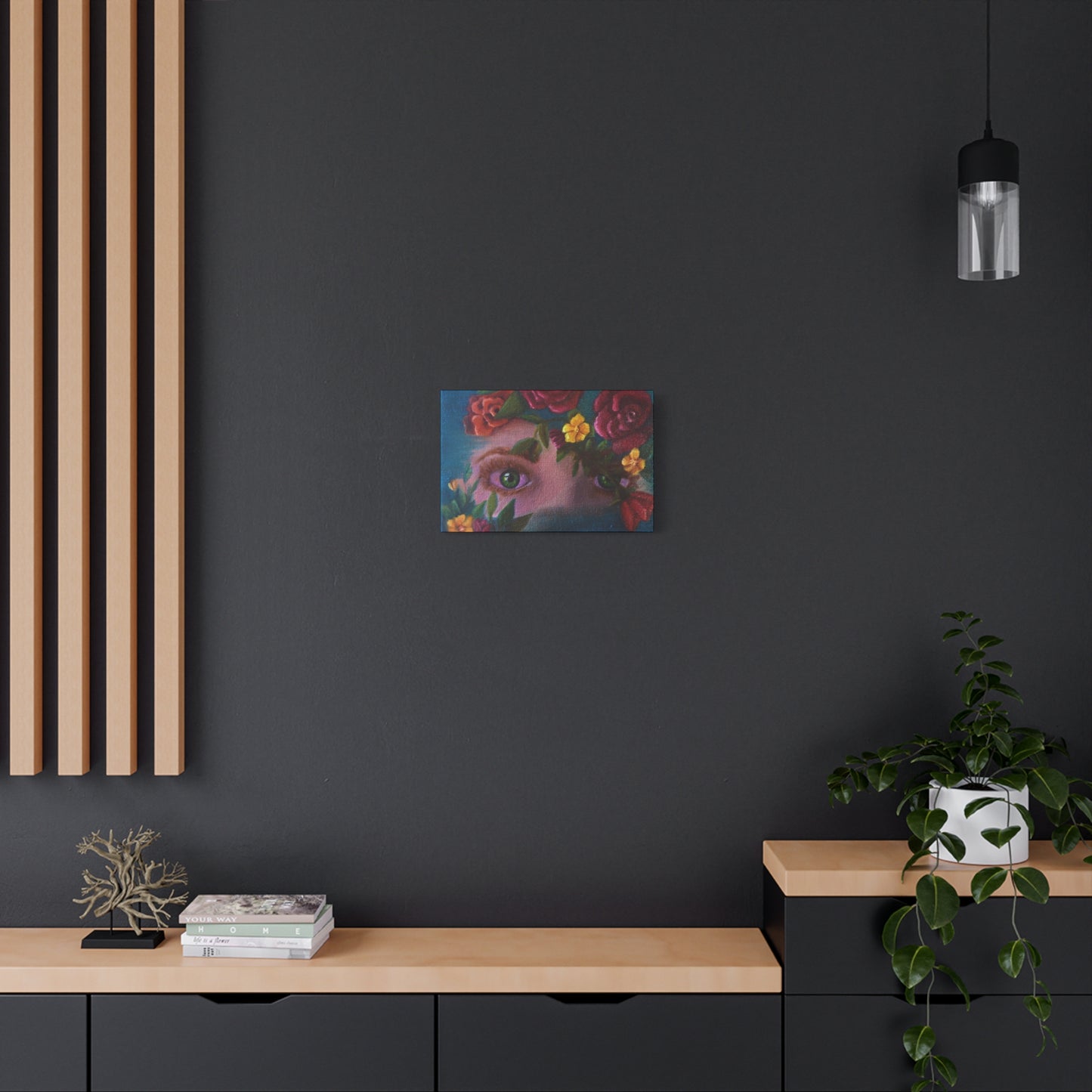 Floral Gaze Matte Stretched Canvas Art — Surreal Eyes with Rose Wreath