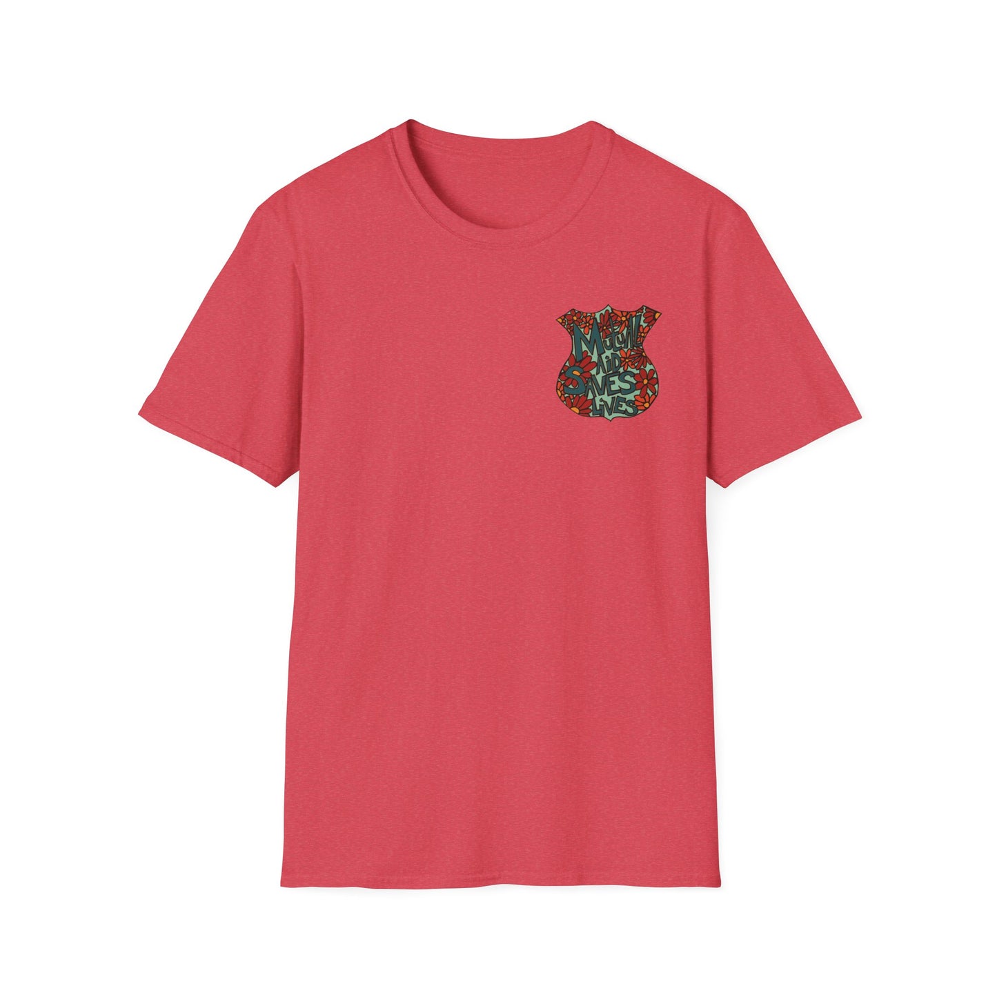 Vintage Floral Shield T‑Shirt — 'Mutual Aid Saves Lives' Pocket Graphic