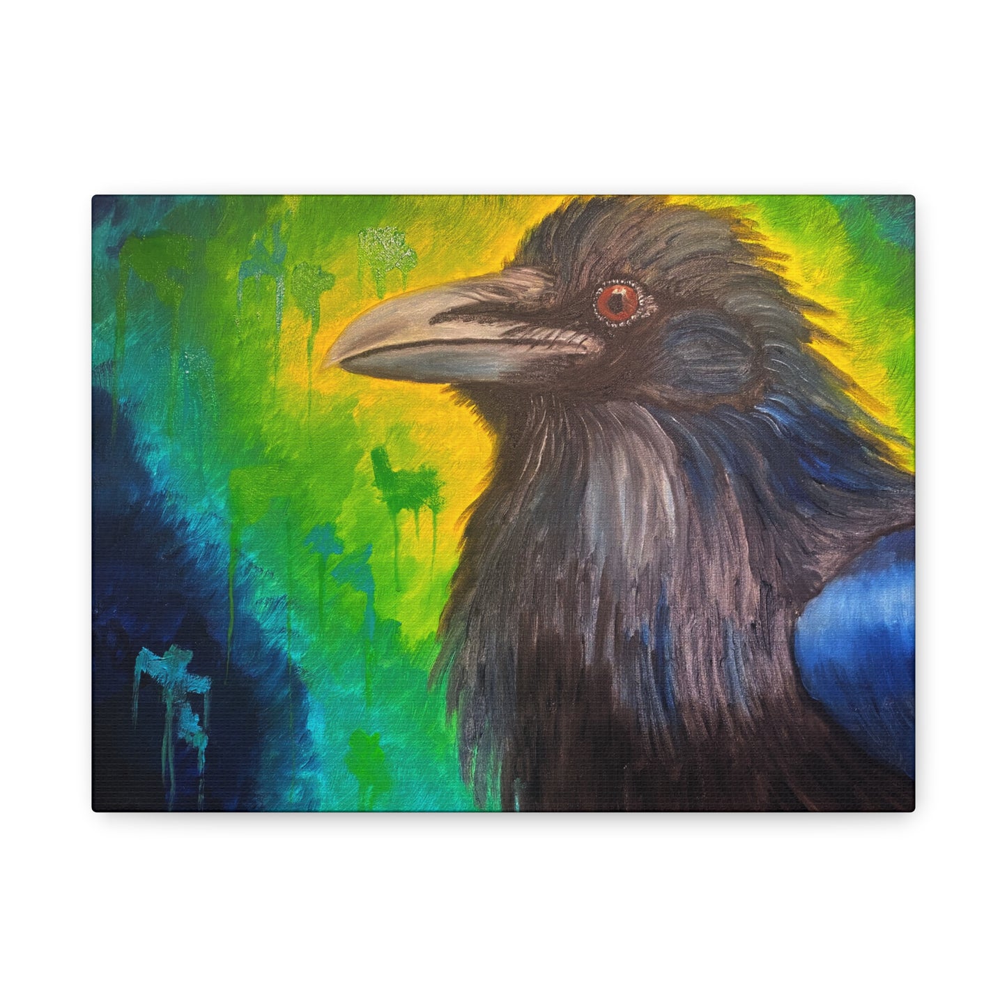 Raven Portrait Matte Canvas Art | Vibrant Green & Blue Stretched Wall Decor