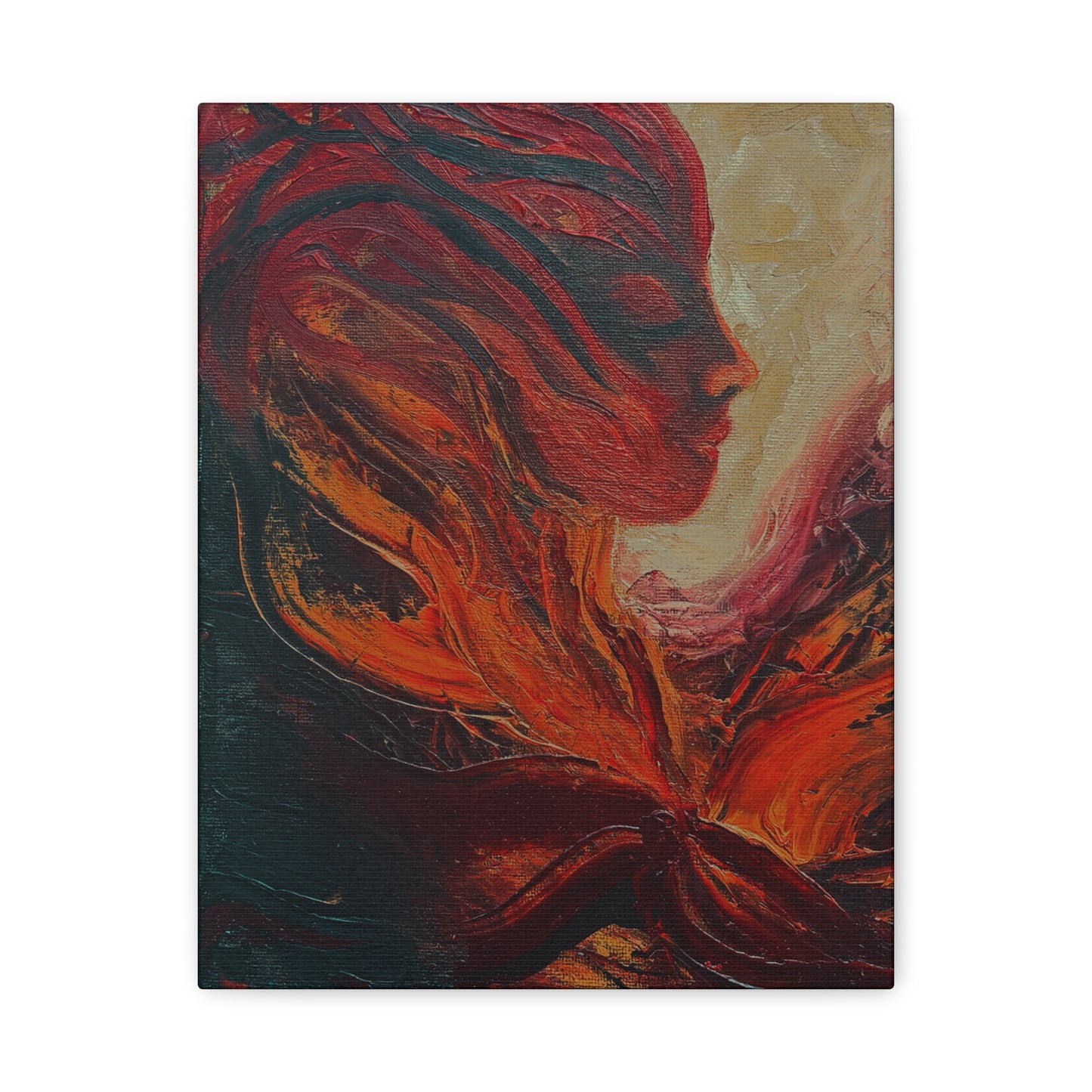 Abstract Phoenix Portrait Matte Canvas Wall Art | Fiery Female Silhouette Stretched Canvas