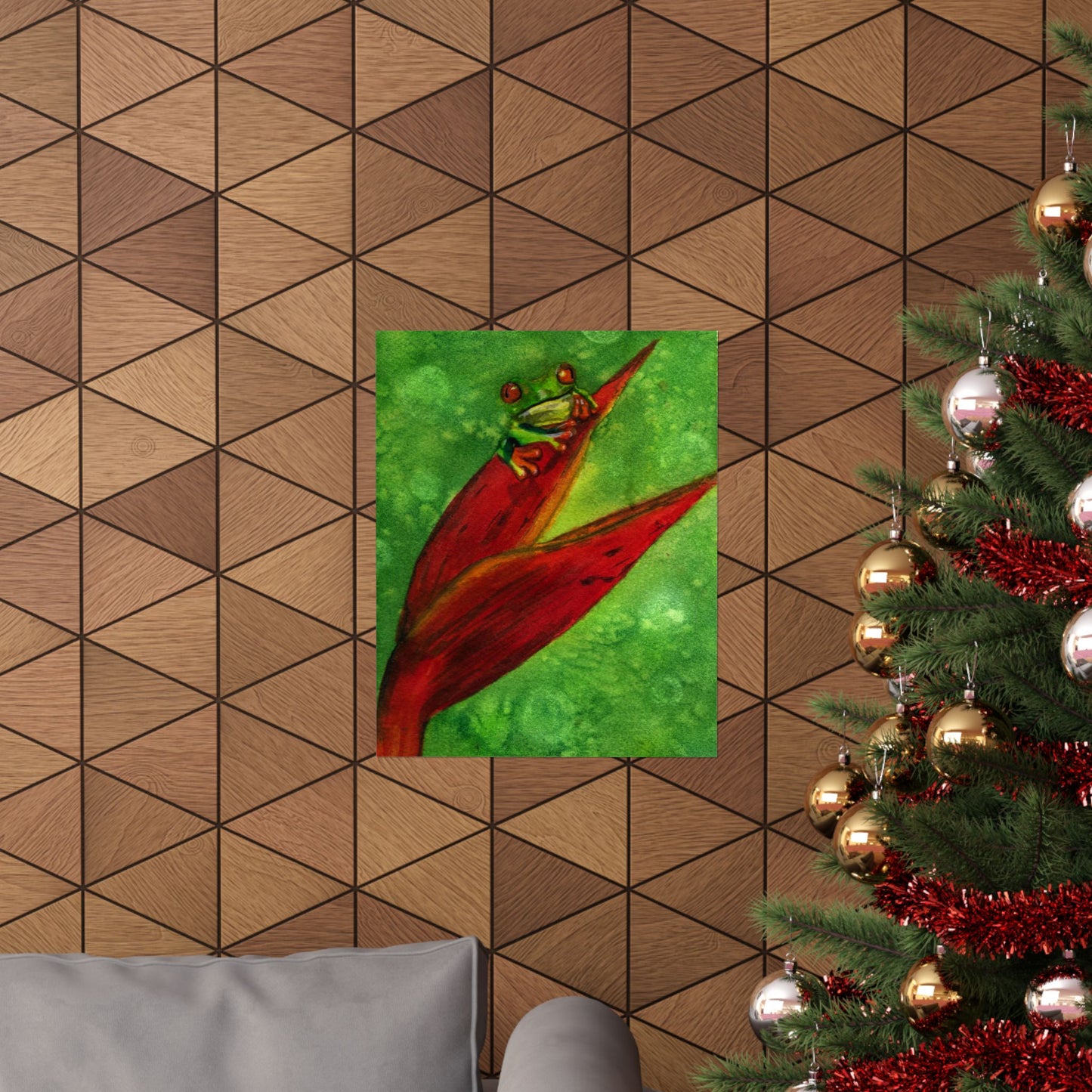 Tropical Tree Frog Art Poster | Green Watercolor Frog on Red Heliconia (Matte Vertical)