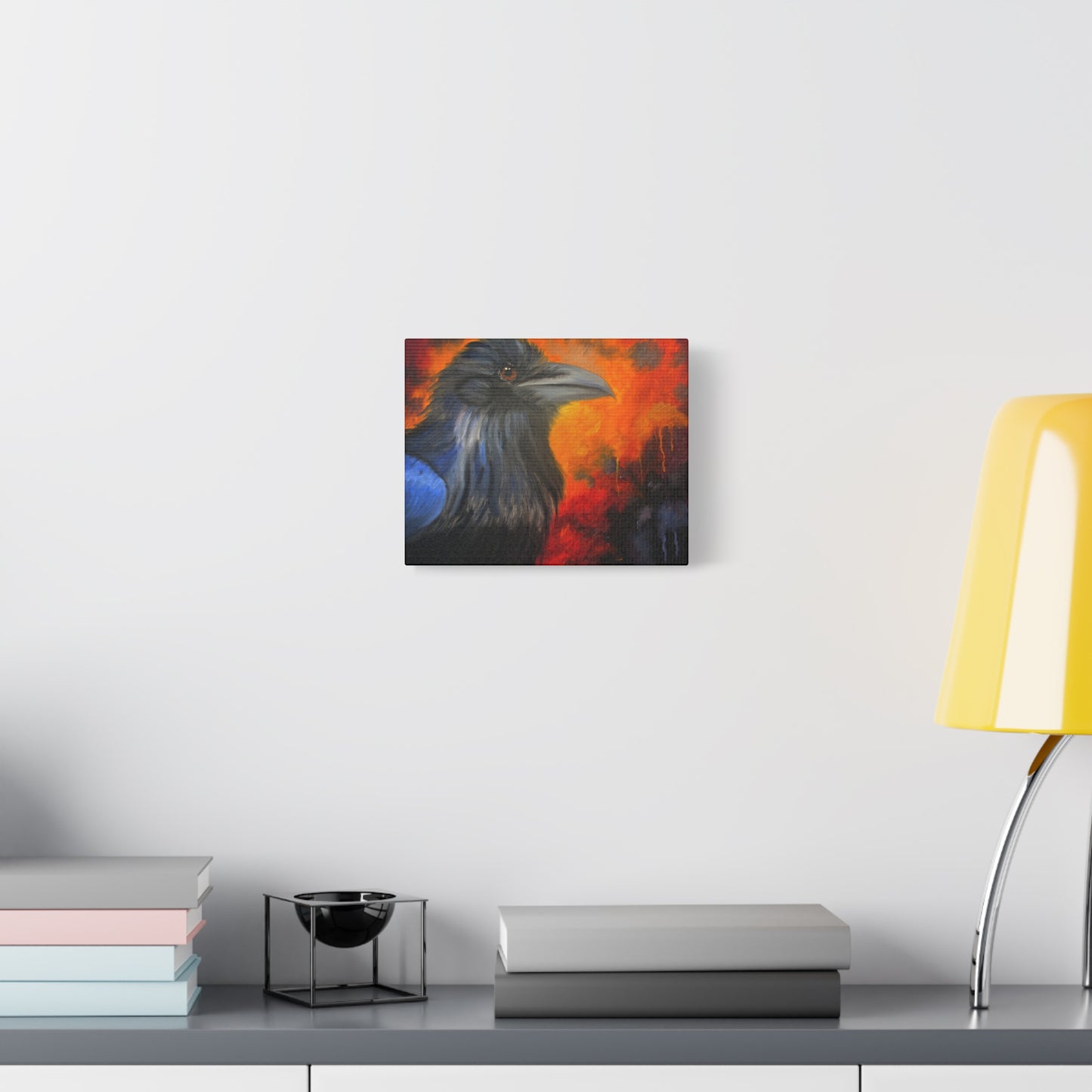 Raven Portrait Canvas Wall Art | Dramatic Blue & Ember Bird Painting