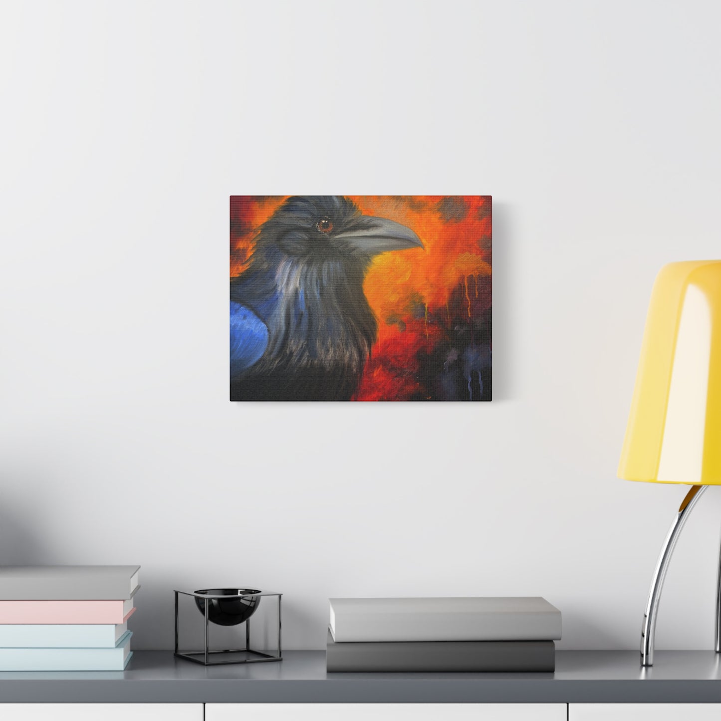 Raven Portrait Canvas Wall Art | Dramatic Blue & Ember Bird Painting