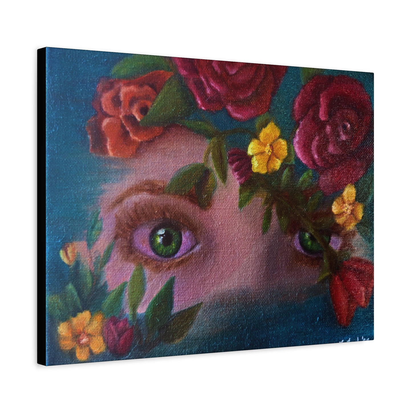 Floral Gaze Matte Stretched Canvas Art — Surreal Eyes with Rose Wreath