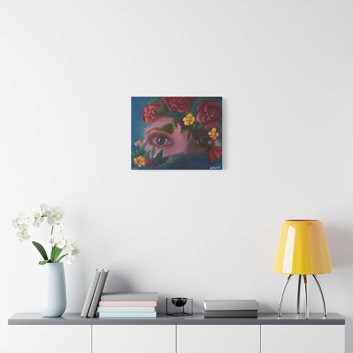 Floral Gaze Matte Stretched Canvas Art — Surreal Eyes with Rose Wreath
