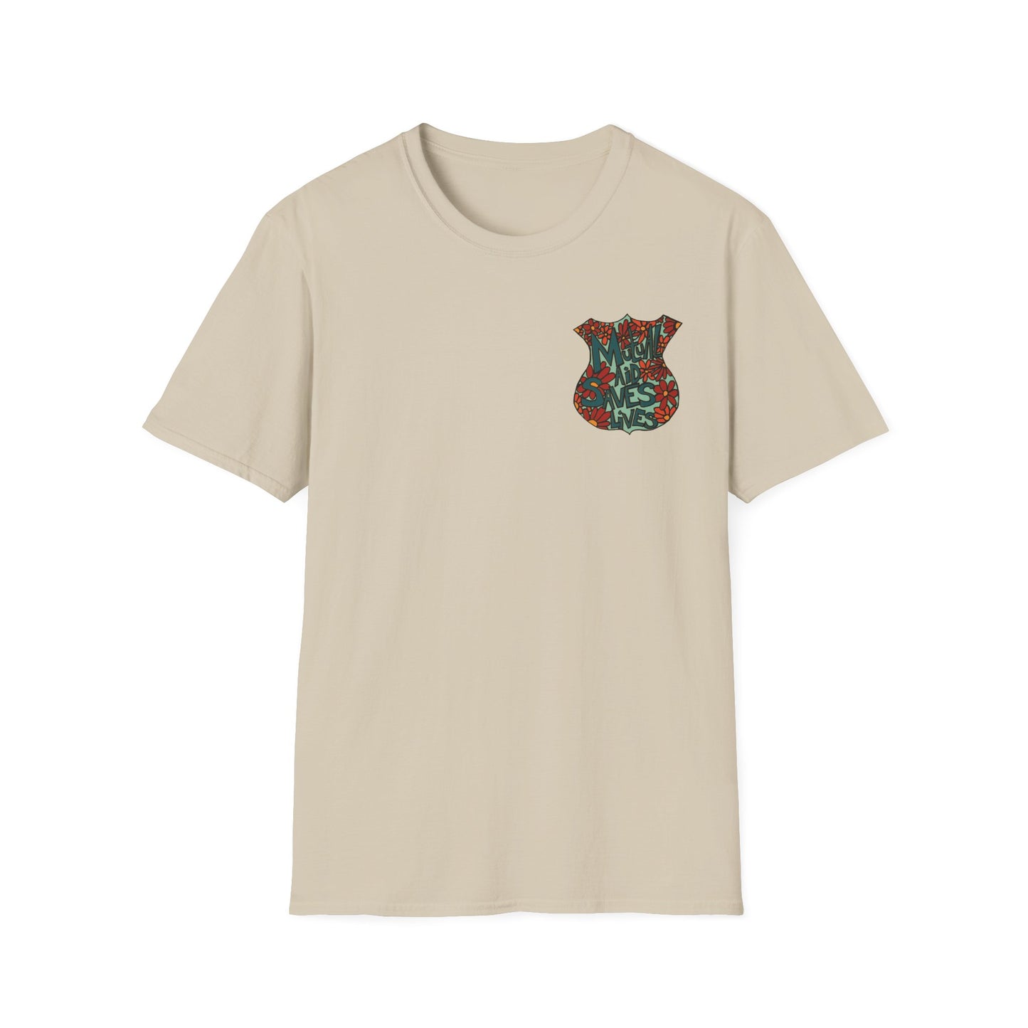 Vintage Floral Shield T‑Shirt — 'Mutual Aid Saves Lives' Pocket Graphic