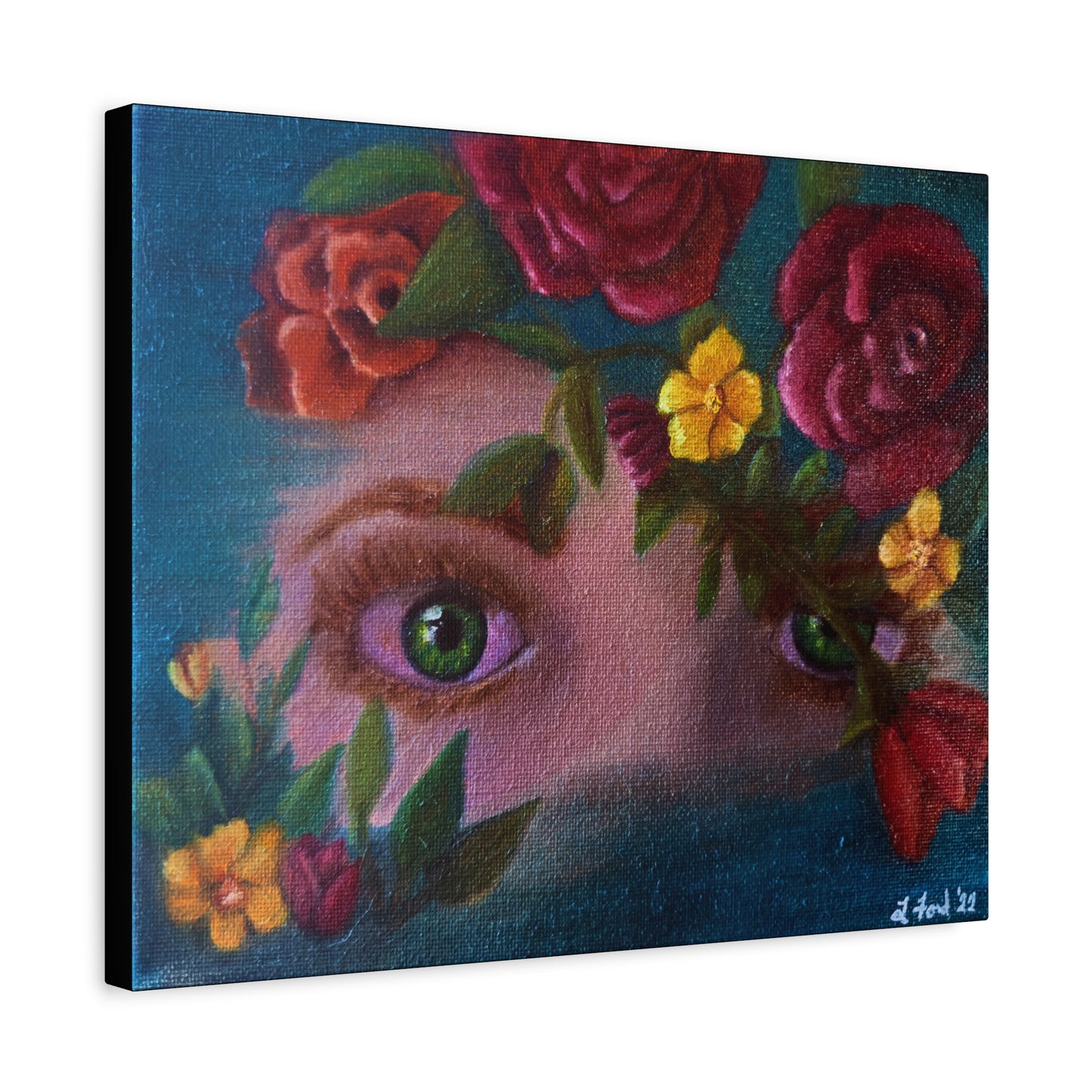 Floral Gaze Matte Stretched Canvas Art — Surreal Eyes with Rose Wreath