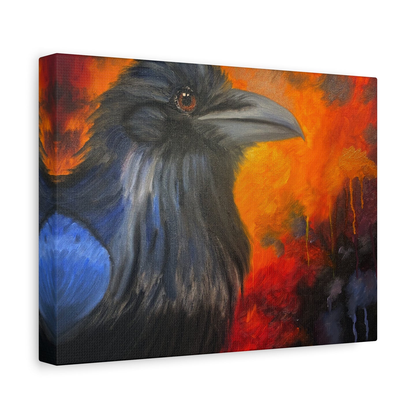 Raven Portrait Canvas Wall Art | Dramatic Blue & Ember Bird Painting