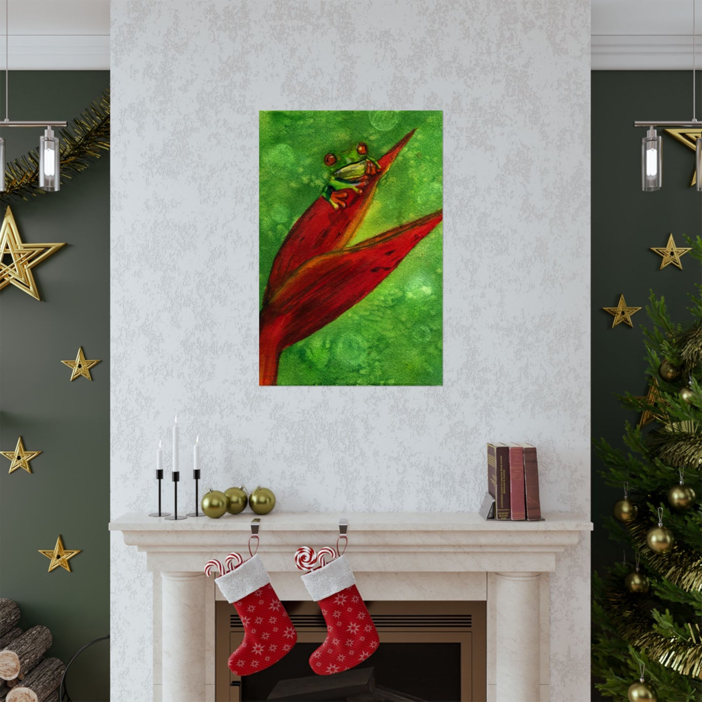 Tropical Tree Frog Art Poster | Green Watercolor Frog on Red Heliconia (Matte Vertical)