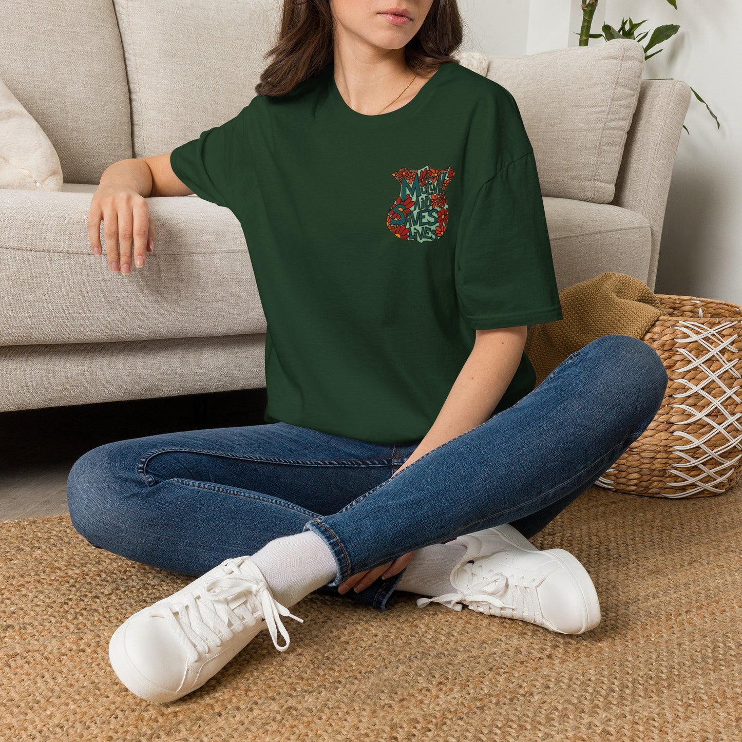 Vintage Floral Shield T‑Shirt — 'Mutual Aid Saves Lives' Pocket Graphic