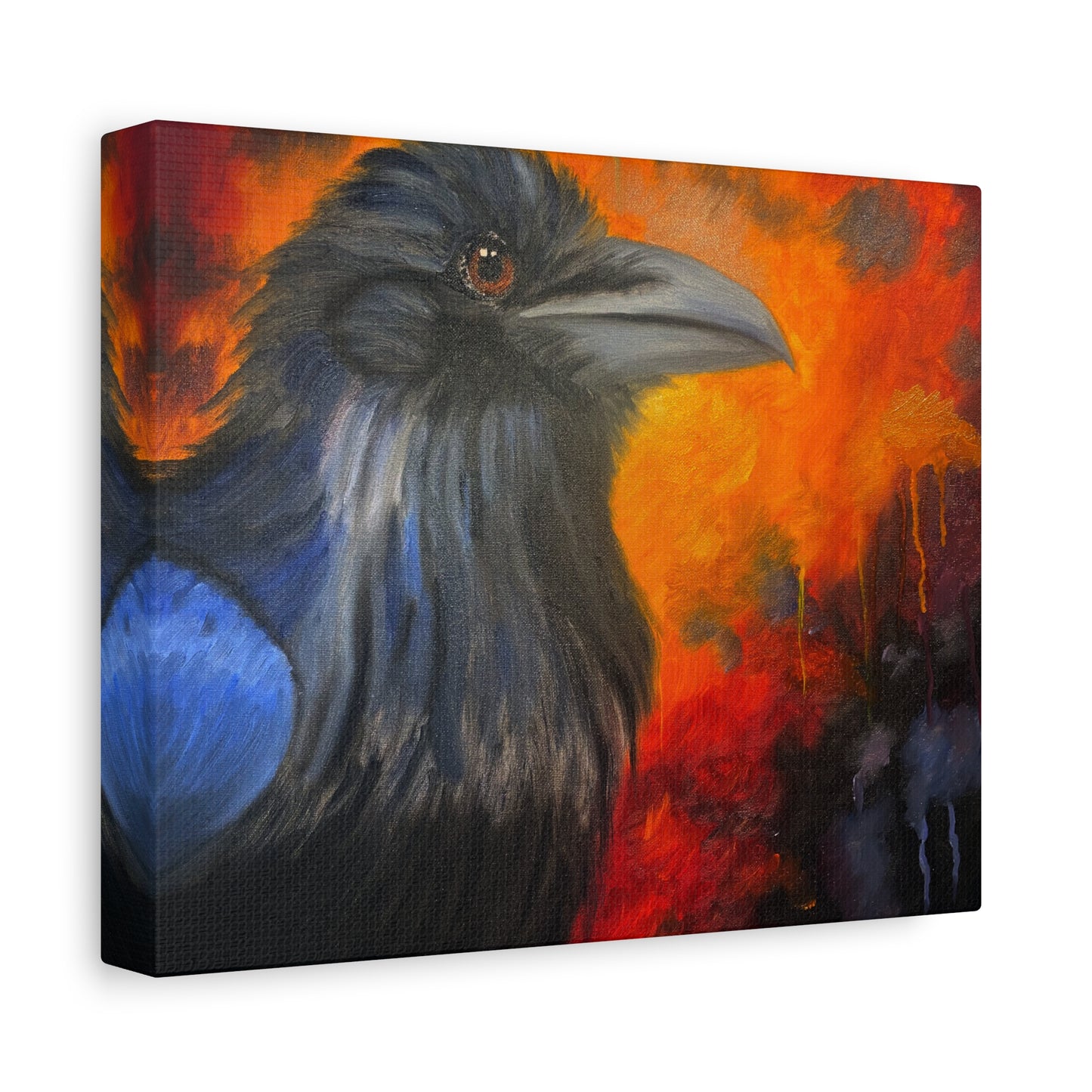 Raven Portrait Canvas Wall Art | Dramatic Blue & Ember Bird Painting