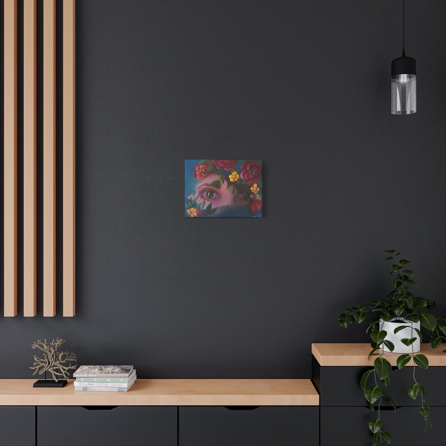 Floral Gaze Matte Stretched Canvas Art — Surreal Eyes with Rose Wreath